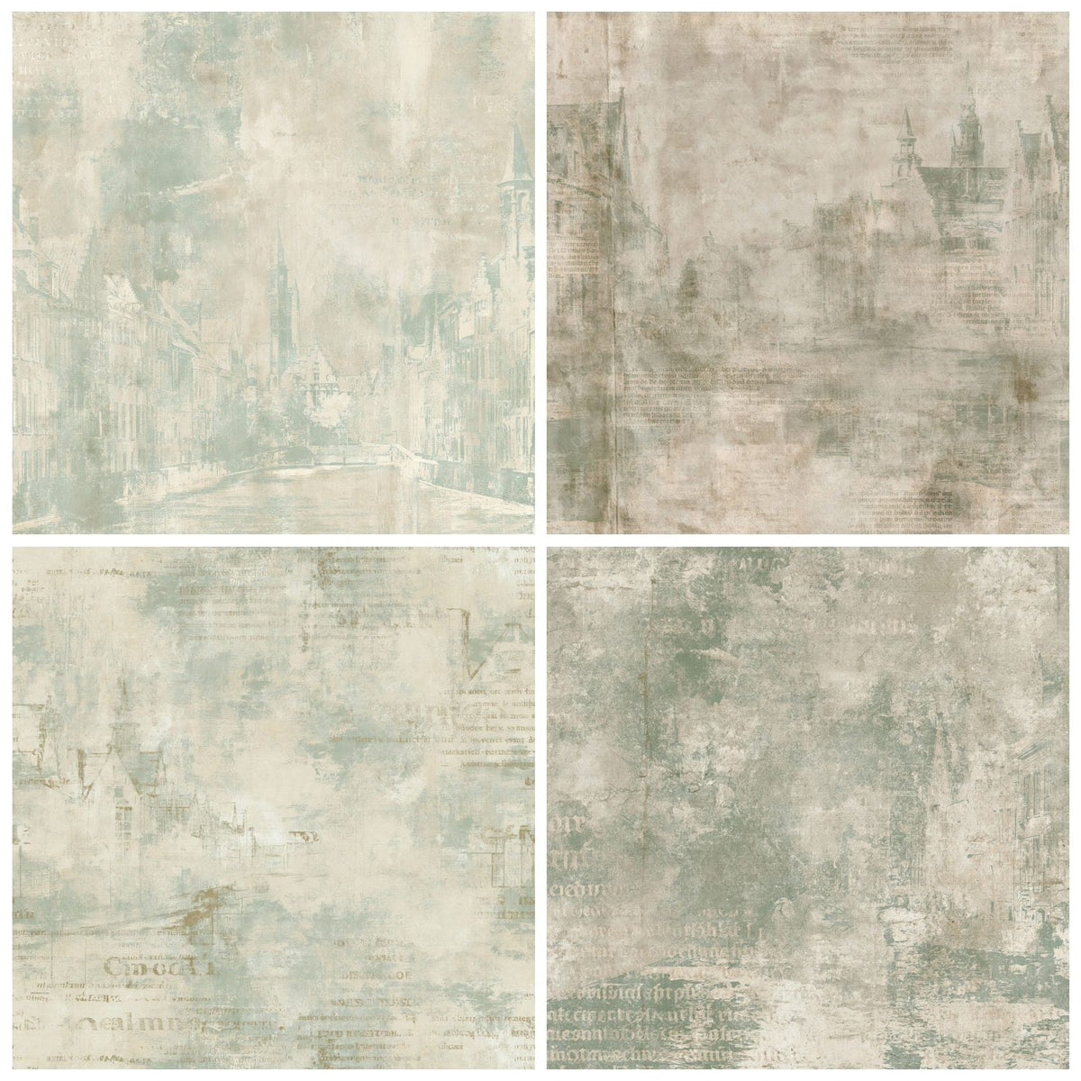 Four more Bruges Canal Belgium Flanders Stone Reflection Green Bone digital papers from the pack shown in a grid