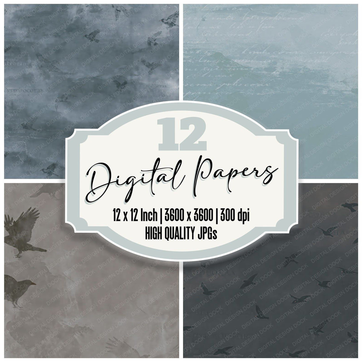 Chough Bird Sea Cliff Grey Jet Black Red Beak digital paper pack cover showing four of the 12 papers