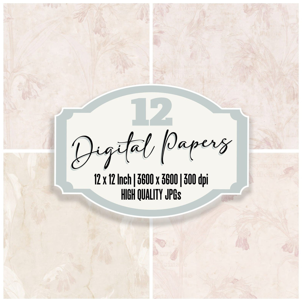 Common Comfrey Flower Riverbank Cream Dusky Mauve Bone digital paper pack cover showing four of the 12 papers