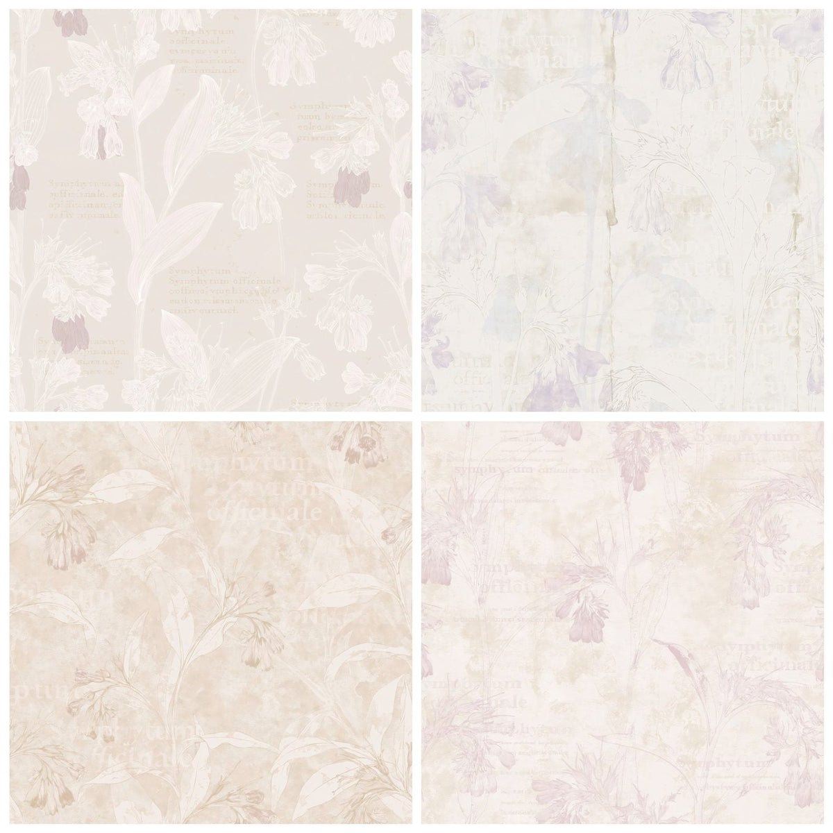 Four Common Comfrey Flower Riverbank Cream Dusky Mauve Bone digital papers from the pack shown in a grid
