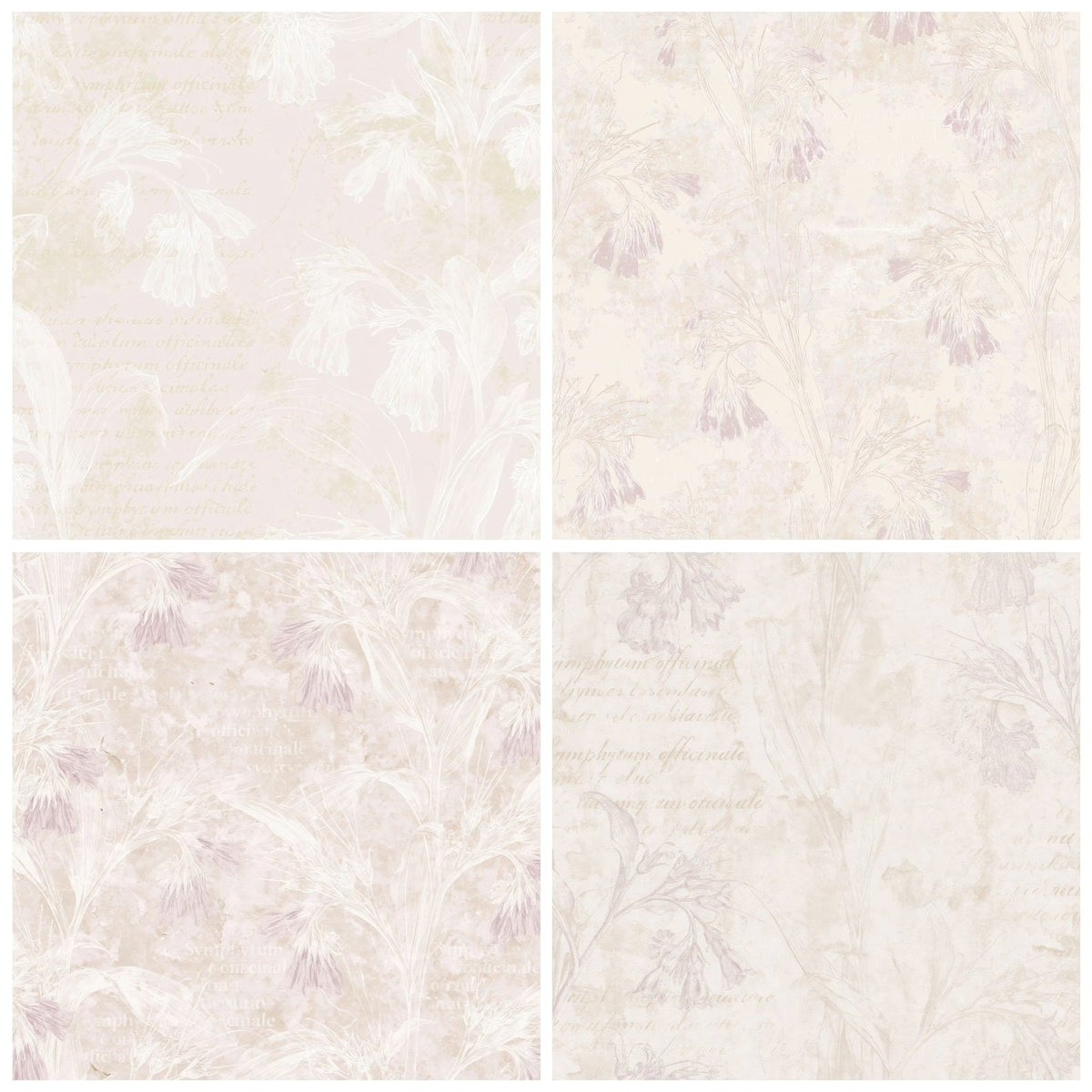 Four more Common Comfrey Flower Riverbank Cream Dusky Mauve Bone digital papers from the pack shown in a grid