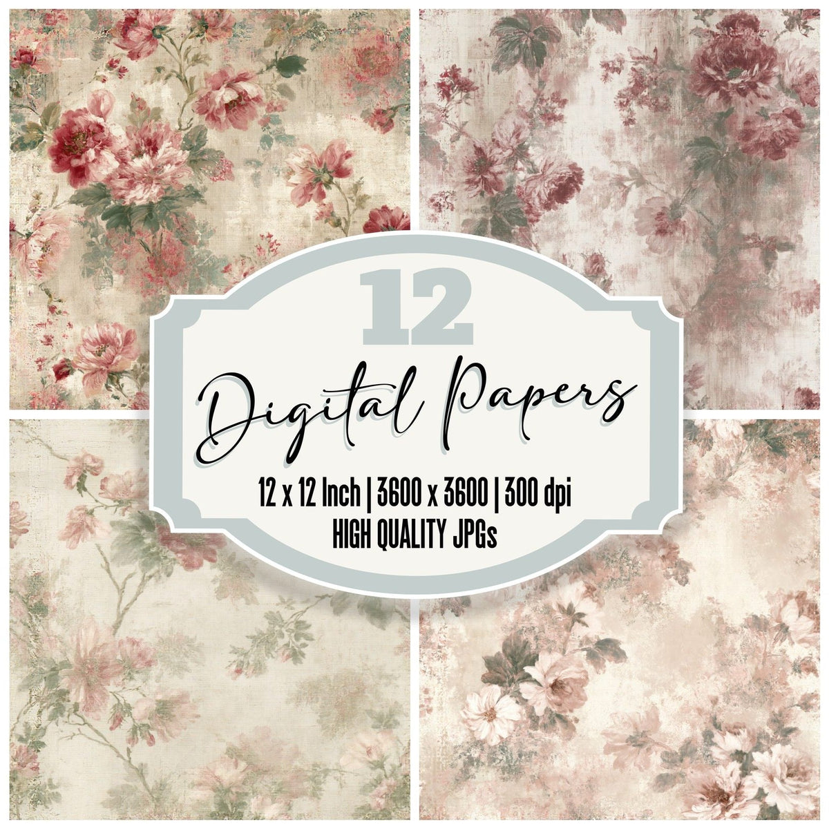 Faded Floral Chintz Curtain Parlour Cream Faded Rose Willow Green Seamless digital paper pack cover showing four of the 12 papers