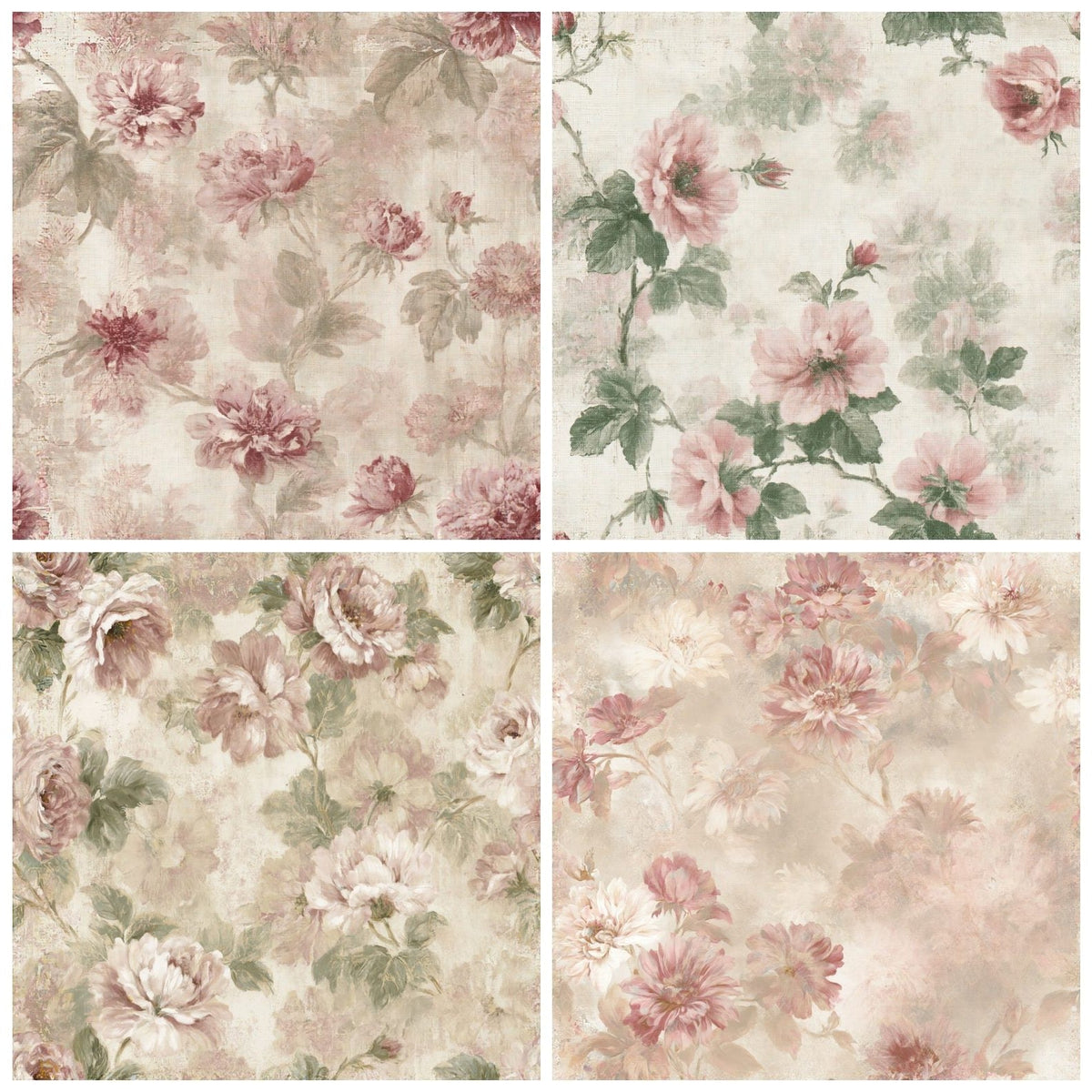 Four more Faded Floral Chintz Curtain Parlour Cream Faded Rose Willow Green Seamless digital papers from the pack shown in a grid