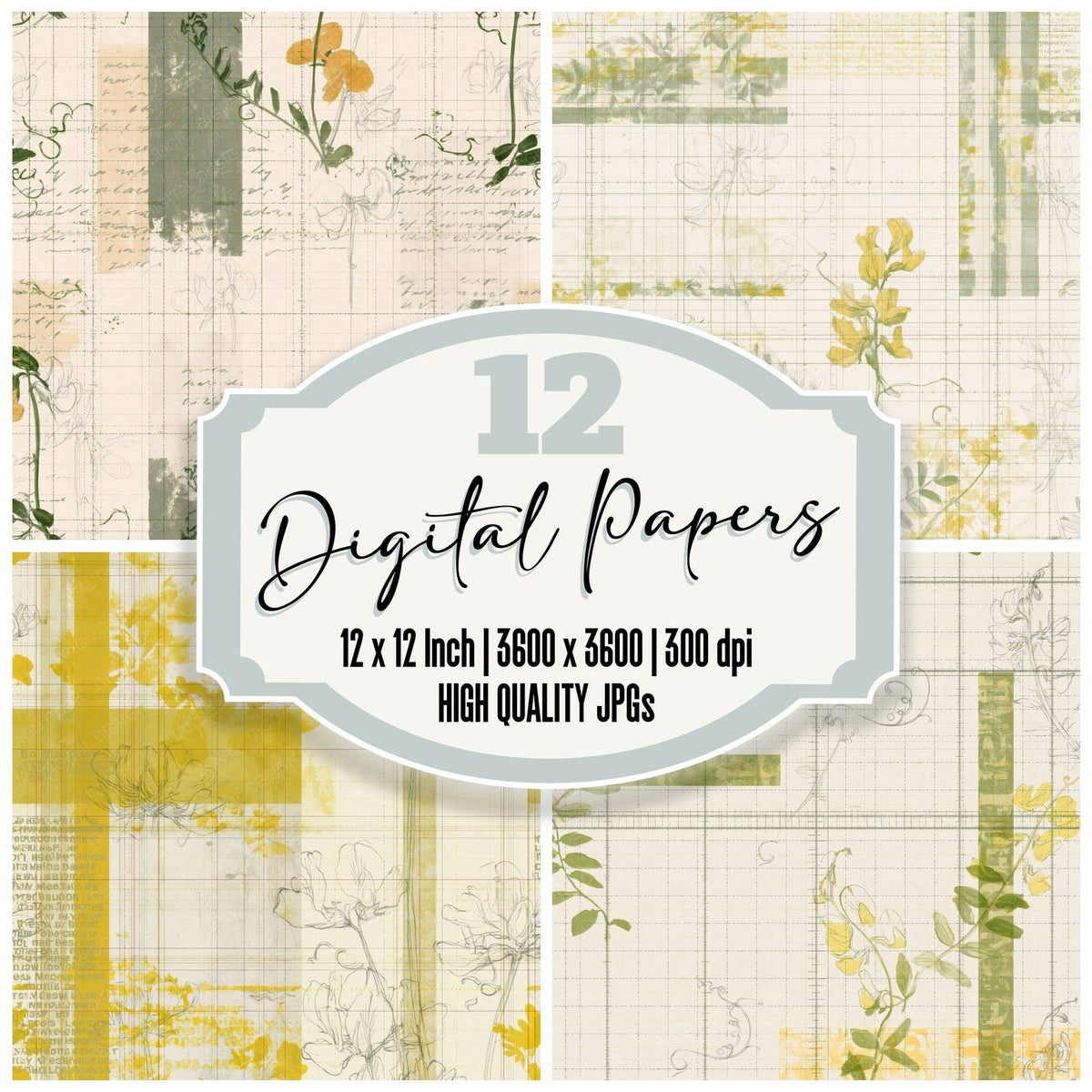 Pattern Studio Meadow Vetchling Ivory Vetchling Yellow Tendril Green digital paper pack cover showing four of the 12 papers