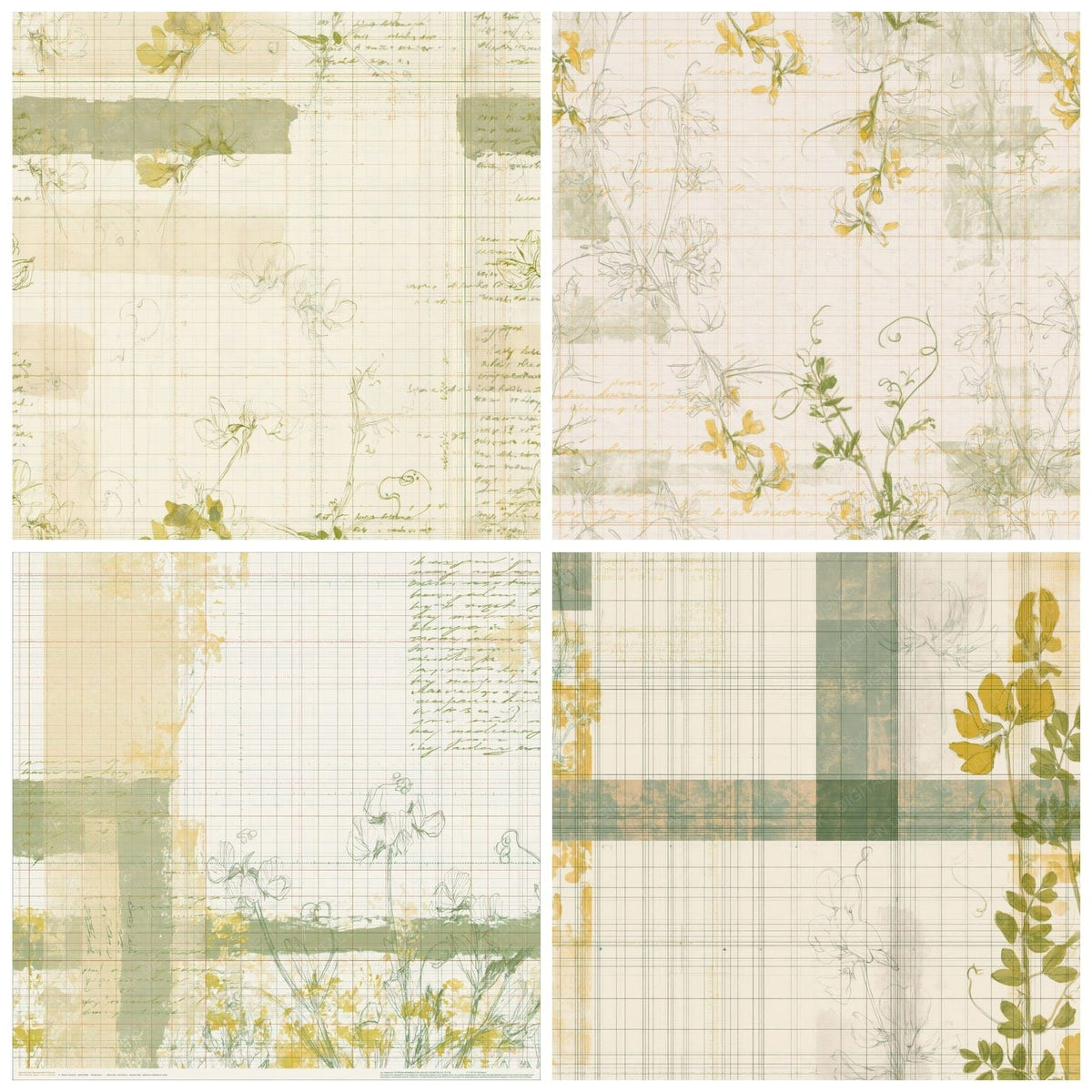 Four Pattern Studio Meadow Vetchling Ivory Vetchling Yellow Tendril Green digital papers from the pack shown in a grid
