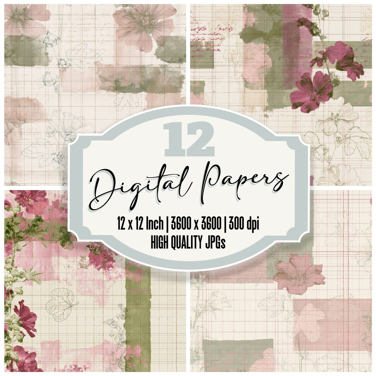 Pattern Studio Musk Mallow Bone Mallow Pink Grassland Green digital paper pack cover showing four of the 12 papers