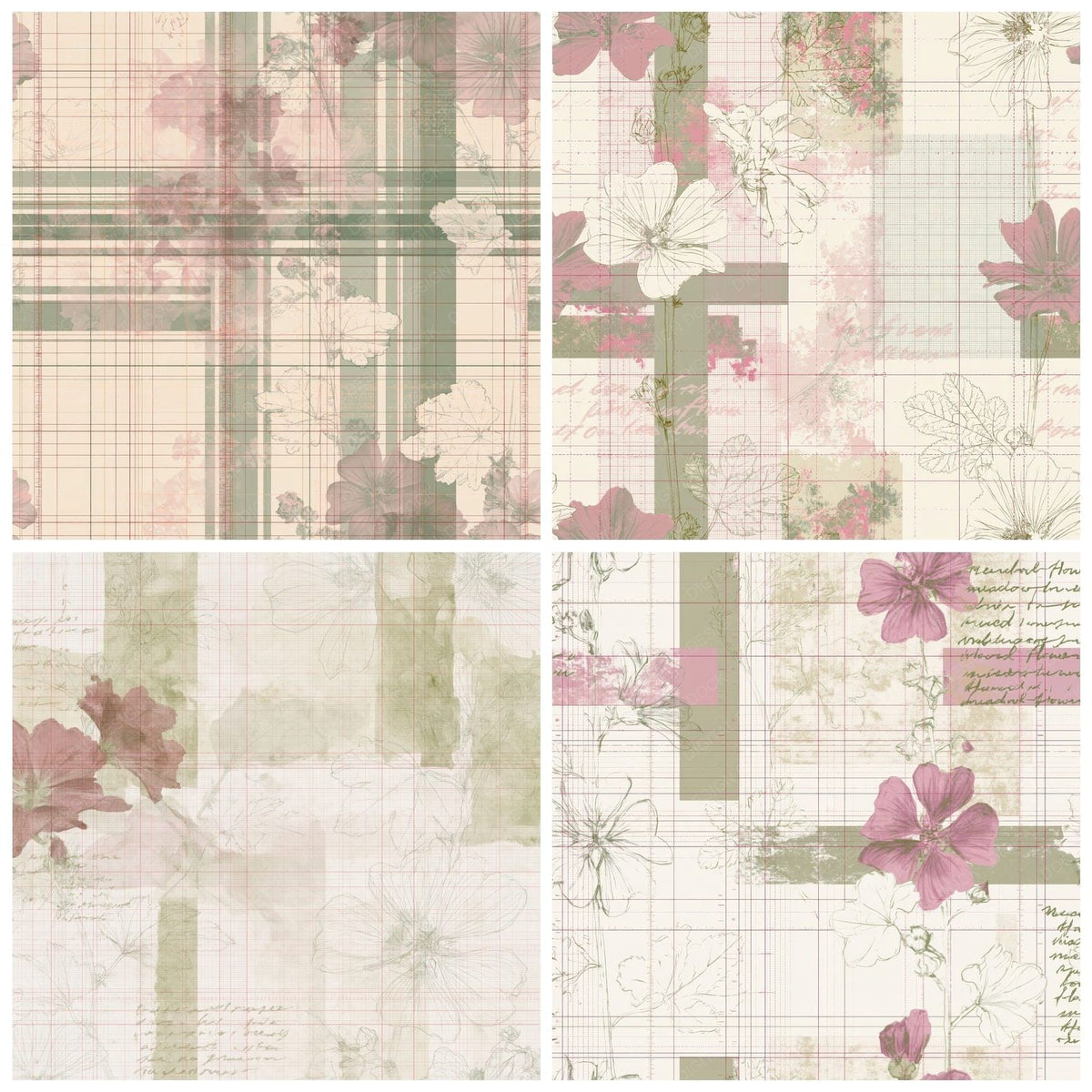Four Pattern Studio Musk Mallow Bone Mallow Pink Grassland Green digital papers from the pack shown in a grid