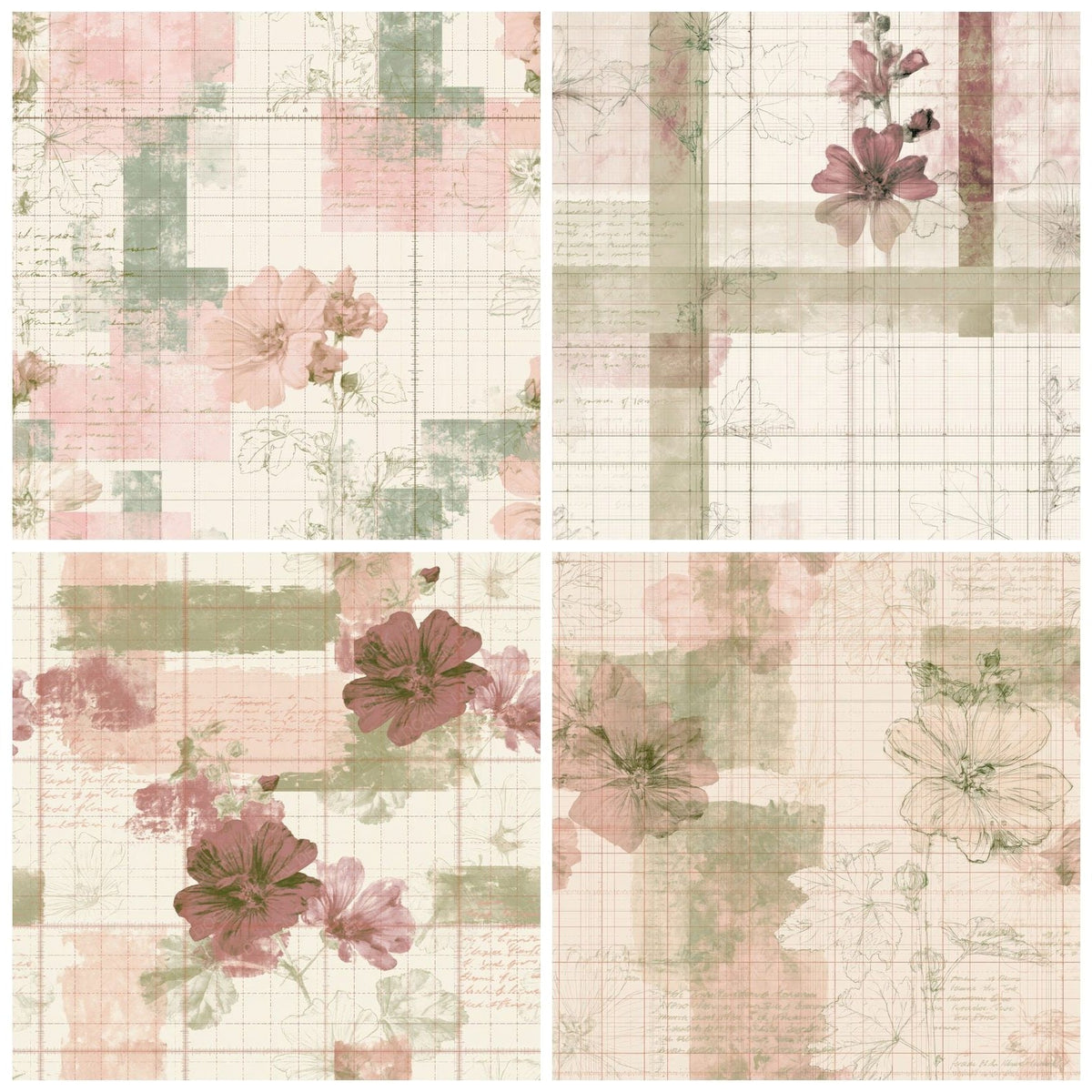 Four more Pattern Studio Musk Mallow Bone Mallow Pink Grassland Green digital papers from the pack shown in a grid