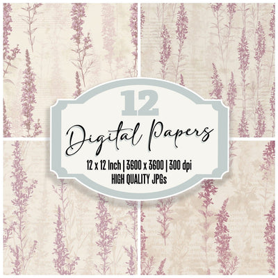 Purple Loosestrife Flower Riverbank Cream Dusty Magenta Bone digital paper pack cover showing four of the 12 papers