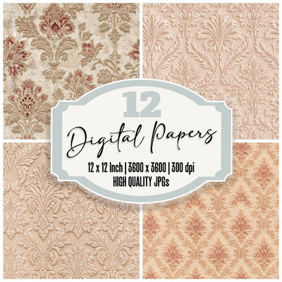 Vintage Brocade Small Motif Brocade Cream Aged Rose Gilt Seamless digital paper pack cover showing four of the 12 papers