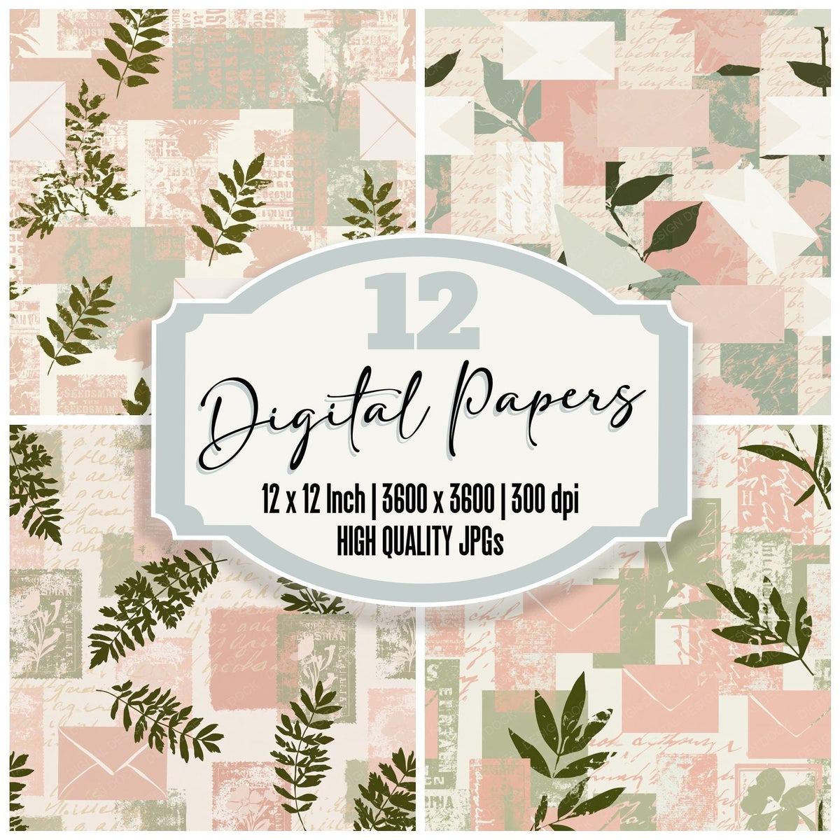 Vintage Seed Packet Potting Cream Leaf Green Bloom Pink digital paper pack cover showing four of the 12 papers