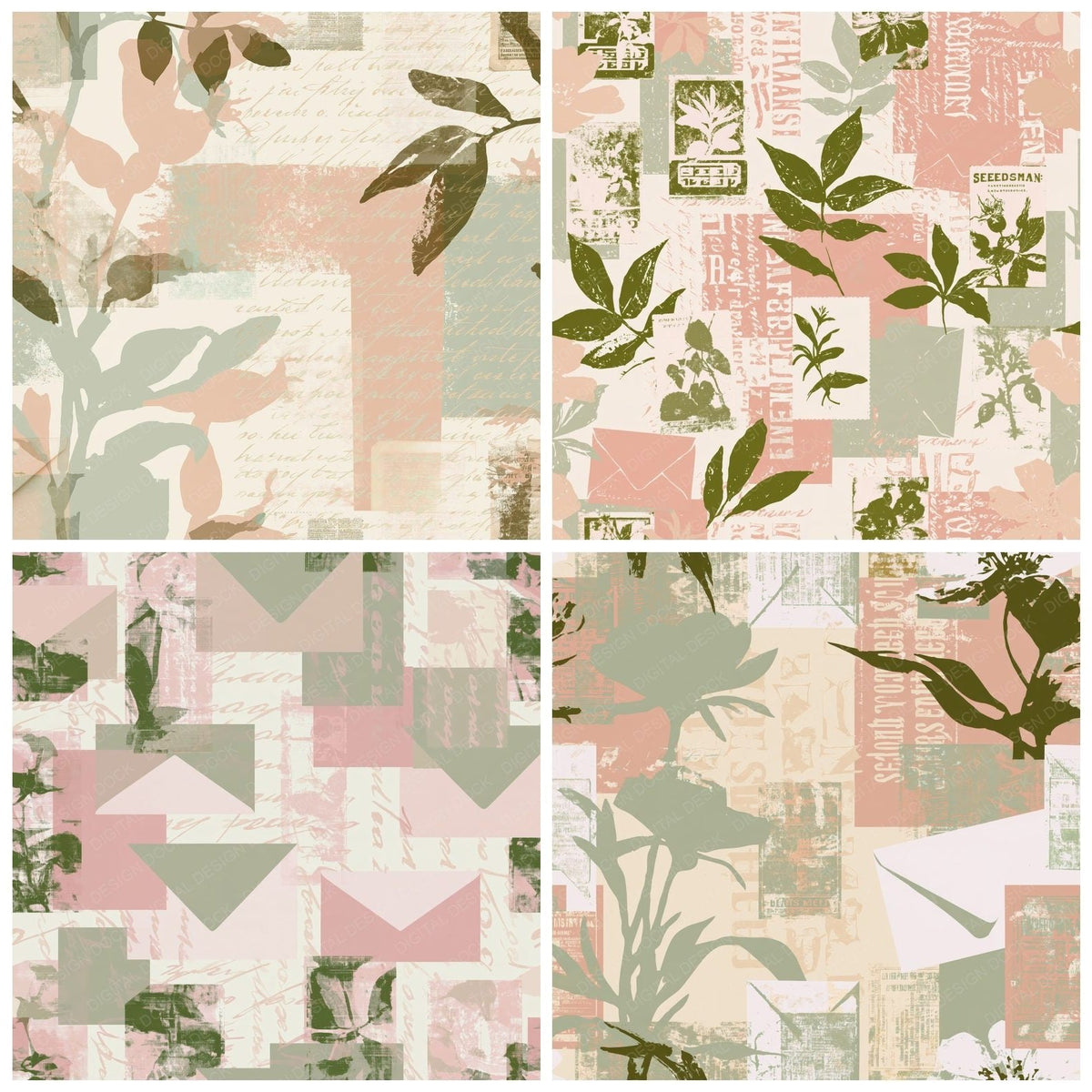 Four Vintage Seed Packet Potting Cream Leaf Green Bloom Pink digital papers from the pack shown in a grid