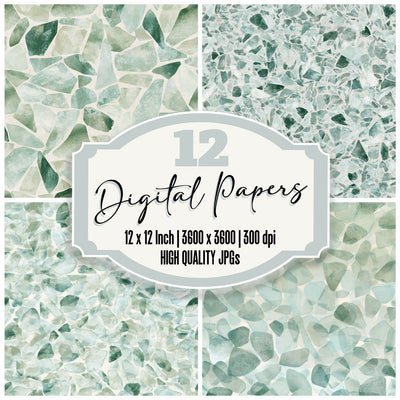 Aged Sea Glass Tide Line Cream Bottle Green Frosted Aqua digital paper pack cover showing four of the 12 papers