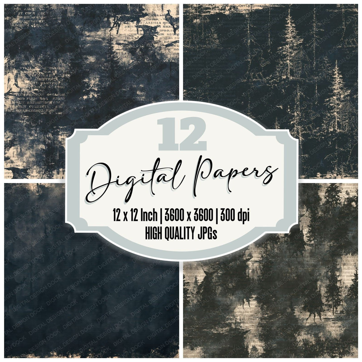 Baba Yaga Cryptid Taiga Midnight Witch Cloak Bone digital paper pack cover showing four of the 12 papers