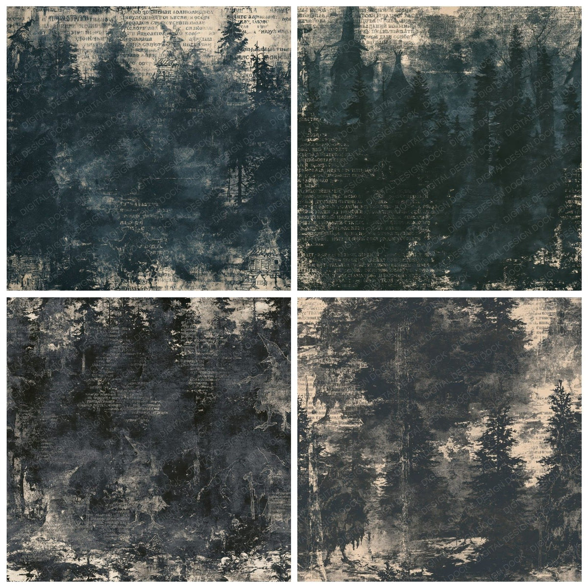Four Baba Yaga Cryptid Taiga Midnight Witch Cloak Bone digital papers from the pack shown in a grid