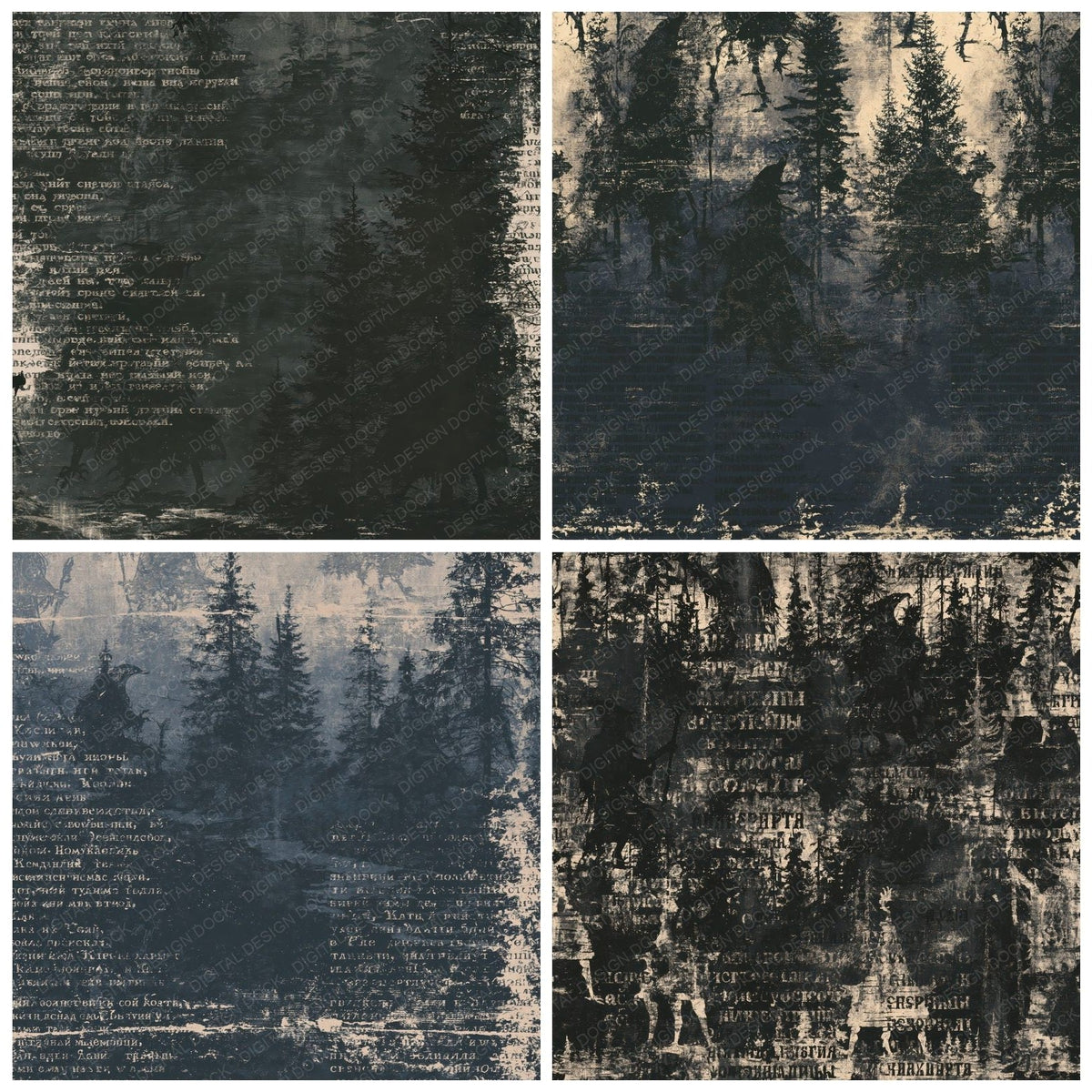 Four more Baba Yaga Cryptid Taiga Midnight Witch Cloak Bone digital papers from the pack shown in a grid