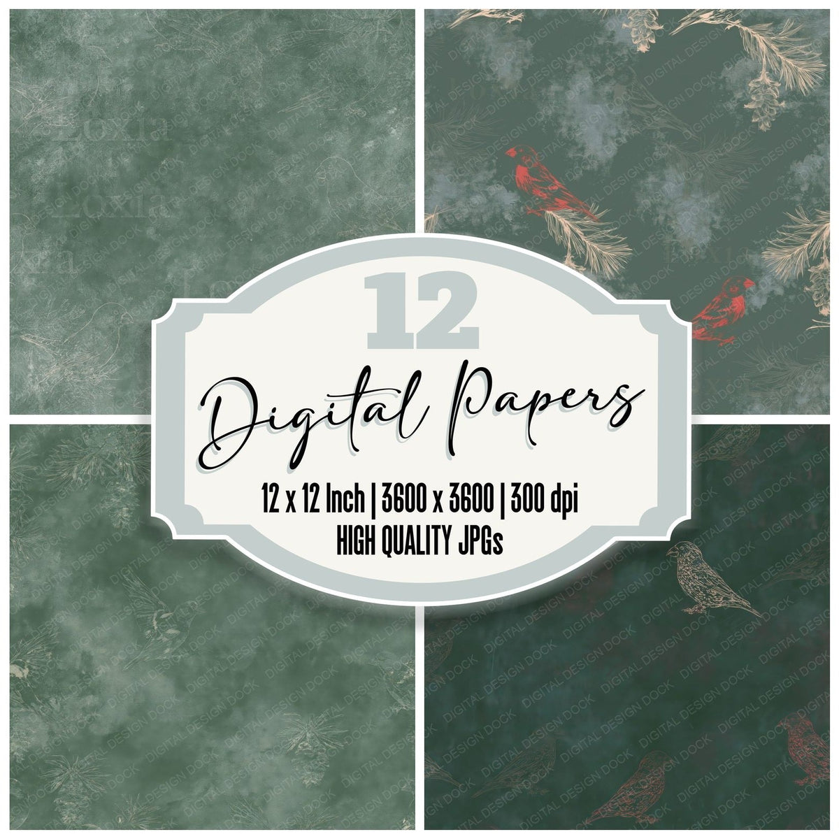Crossbill Bird Pine Forest Green Brick Red Bone digital paper pack cover showing four of the 12 papers