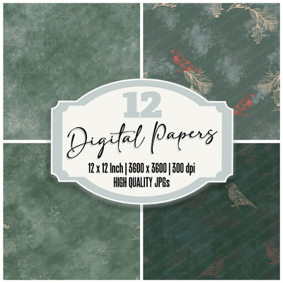 Crossbill Bird Pine Forest Green Brick Red Bone digital paper pack cover showing four of the 12 papers