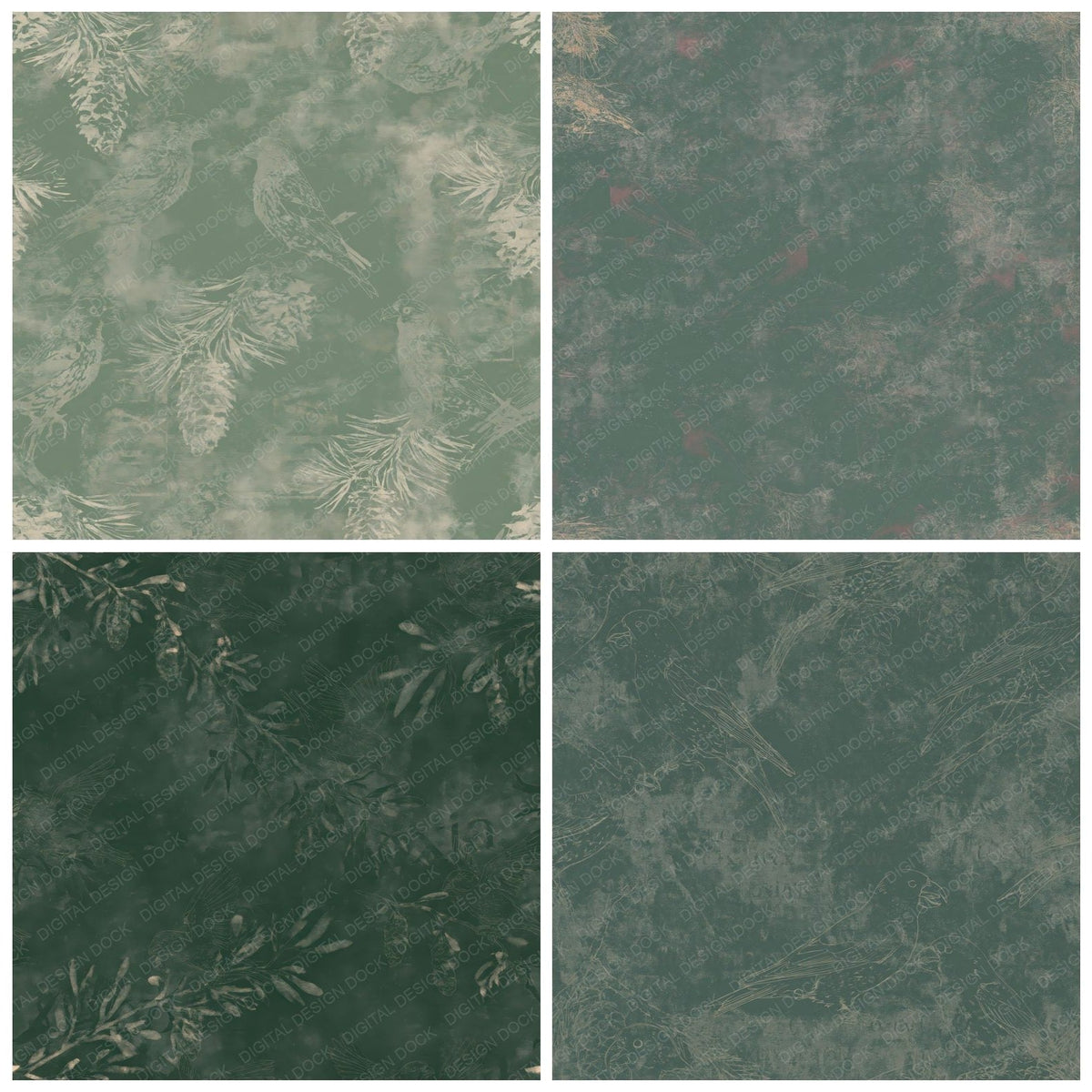 Four Crossbill Bird Pine Forest Green Brick Red Bone digital papers from the pack shown in a grid