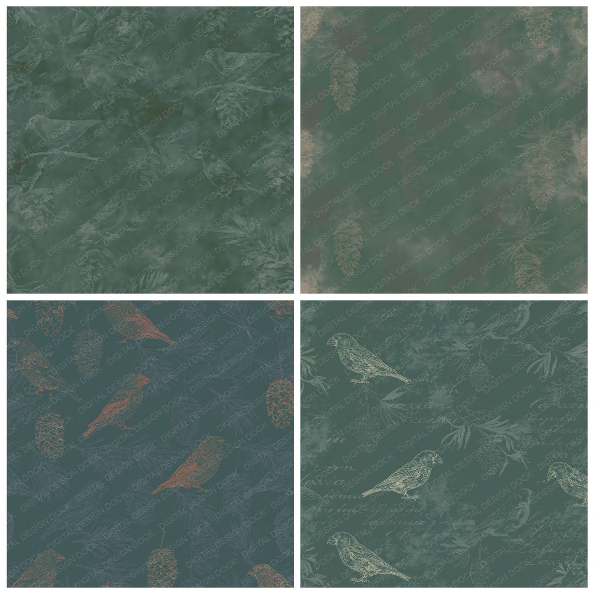 Four more Crossbill Bird Pine Forest Green Brick Red Bone digital papers from the pack shown in a grid