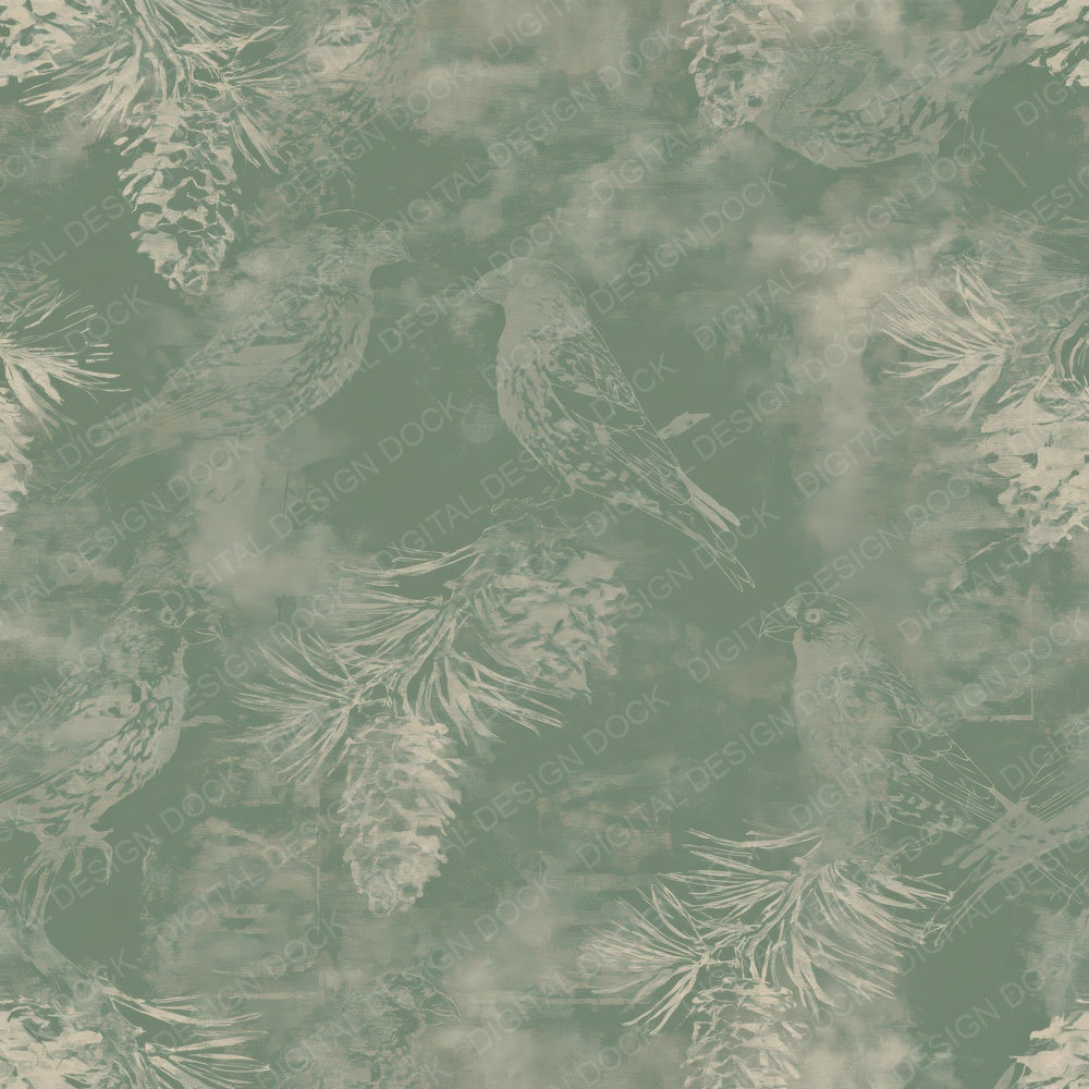 Single Crossbill Bird Pine Forest Green Brick Red Bone digital paper shown full size