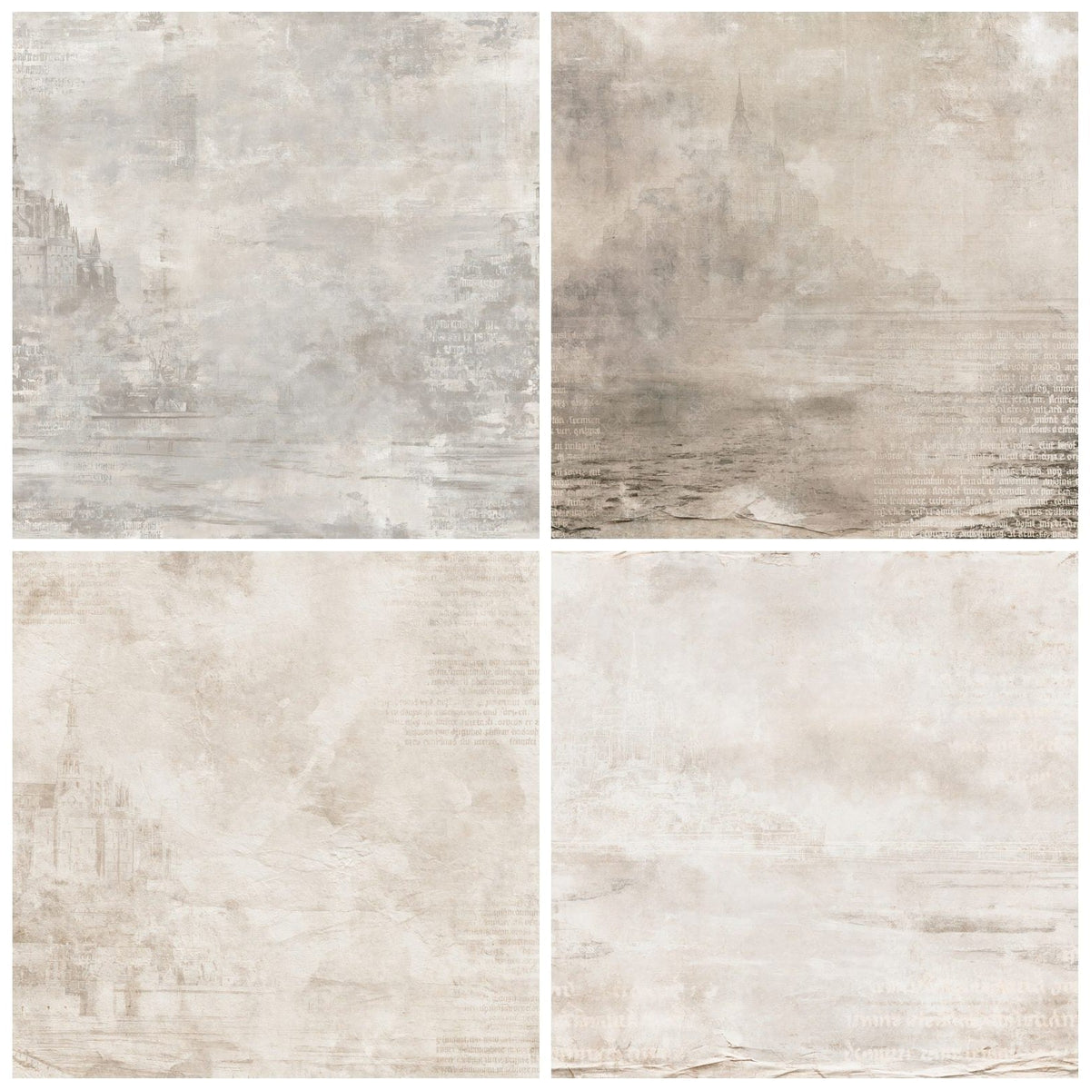 Four Mont Saint Michel Abbey Norman Tidal Aged Granite Bone digital papers from the pack shown in a grid