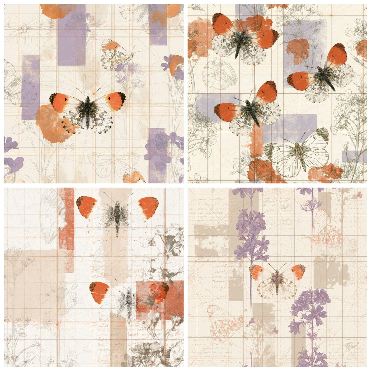 Four Pattern Studio Orange Tip Butterfly Ivory Butterfly Orange Smock Lilac digital papers from the pack shown in a grid