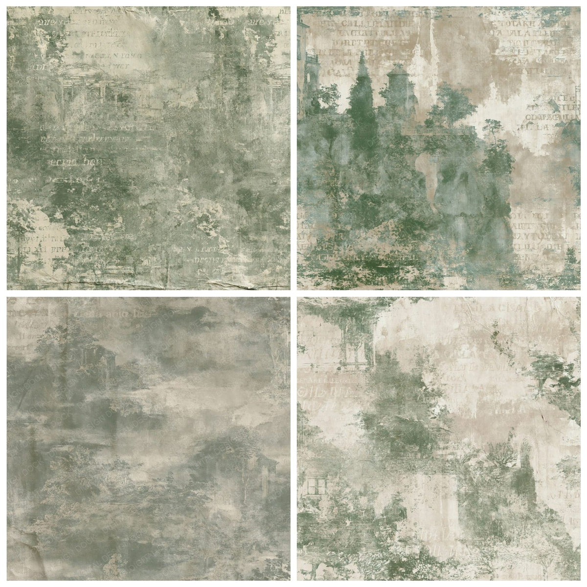 Four Ravello Italy Clifftop Garden Tyrrhenian Stone Cypress Green Bone digital papers from the pack shown in a grid