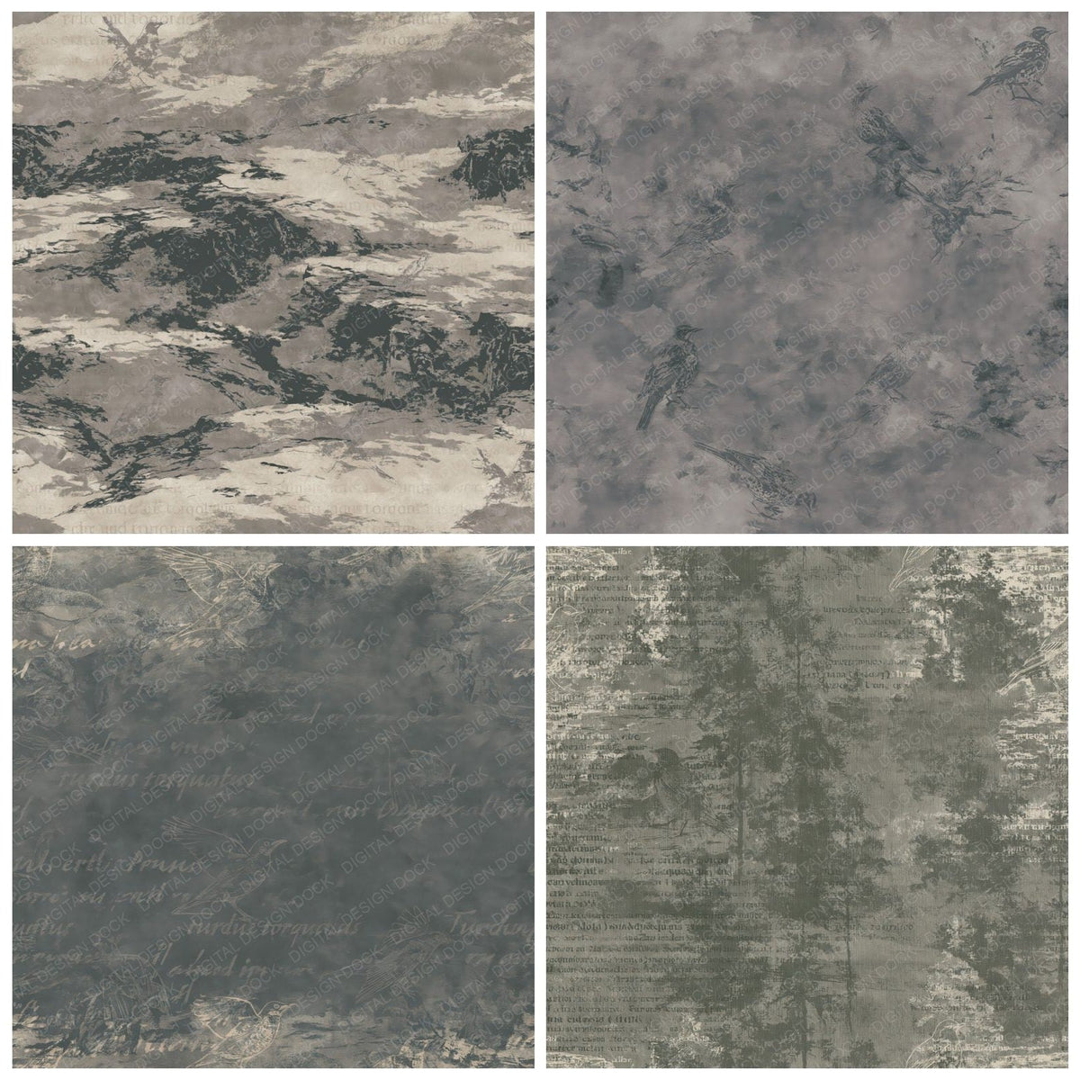 Four more Ring Ouzel Bird Crag Grey Sooty Black Bone digital papers from the pack shown in a grid