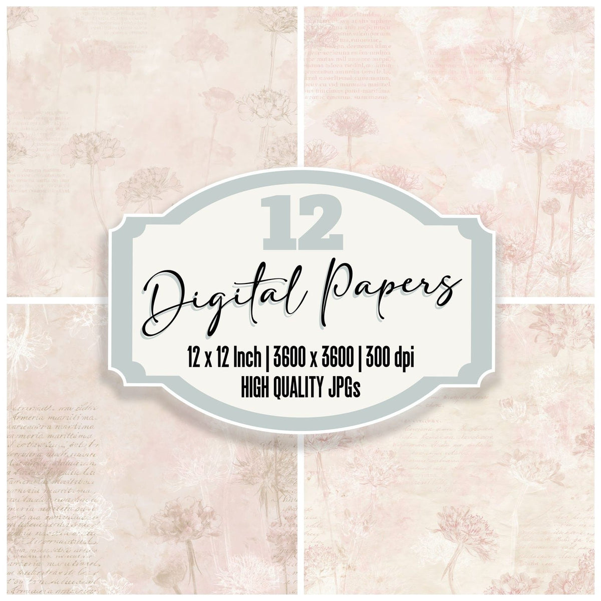 Thrift Sea Pink Flower Sea Cliff Cream Dusty Pink Bone digital paper pack cover showing four of the 12 papers