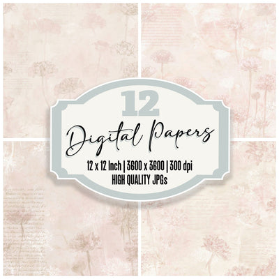 Thrift Sea Pink Flower Sea Cliff Cream Dusty Pink Bone digital paper pack cover showing four of the 12 papers