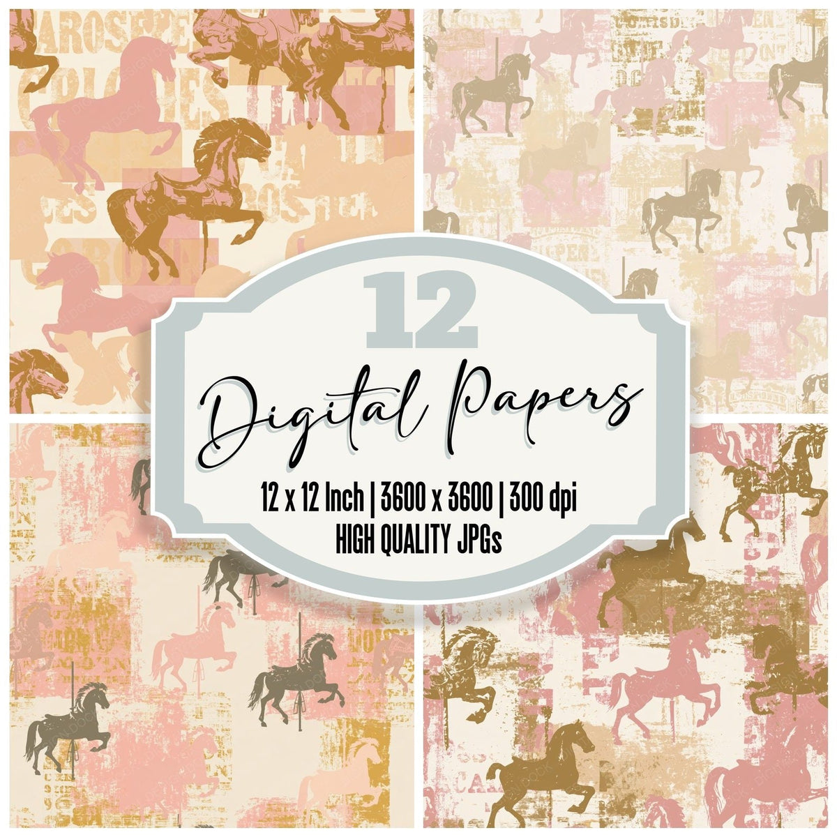 Vintage Carousel Horse Carnival Cream Dusty Rose Gilt Gold digital paper pack cover showing four of the 12 papers