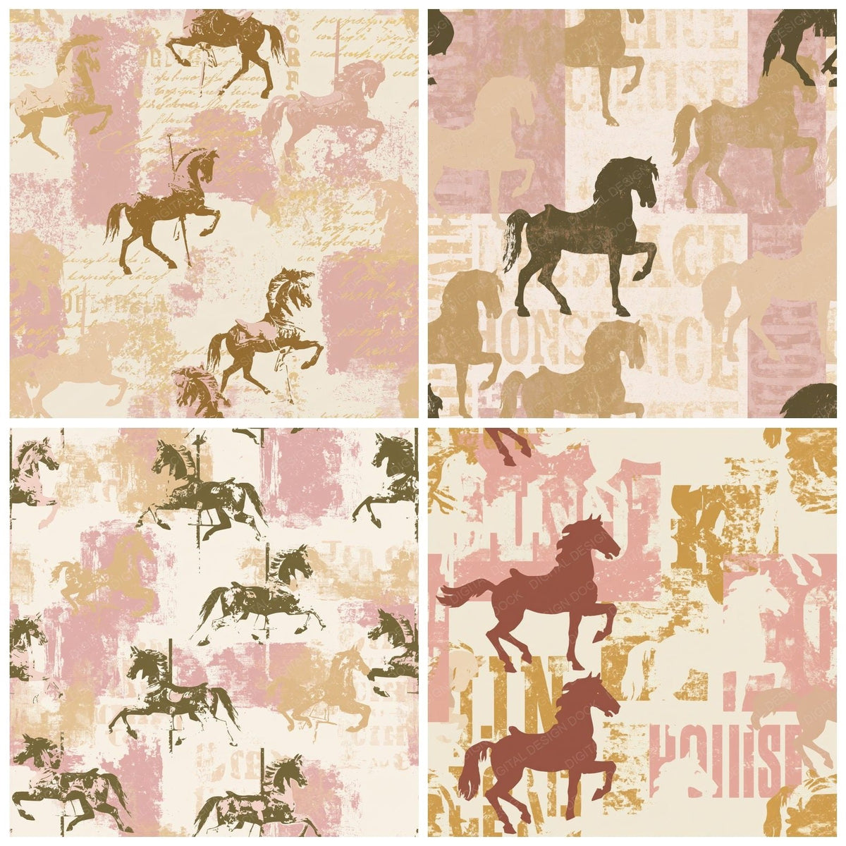 Four Vintage Carousel Horse Carnival Cream Dusty Rose Gilt Gold digital papers from the pack shown in a grid
