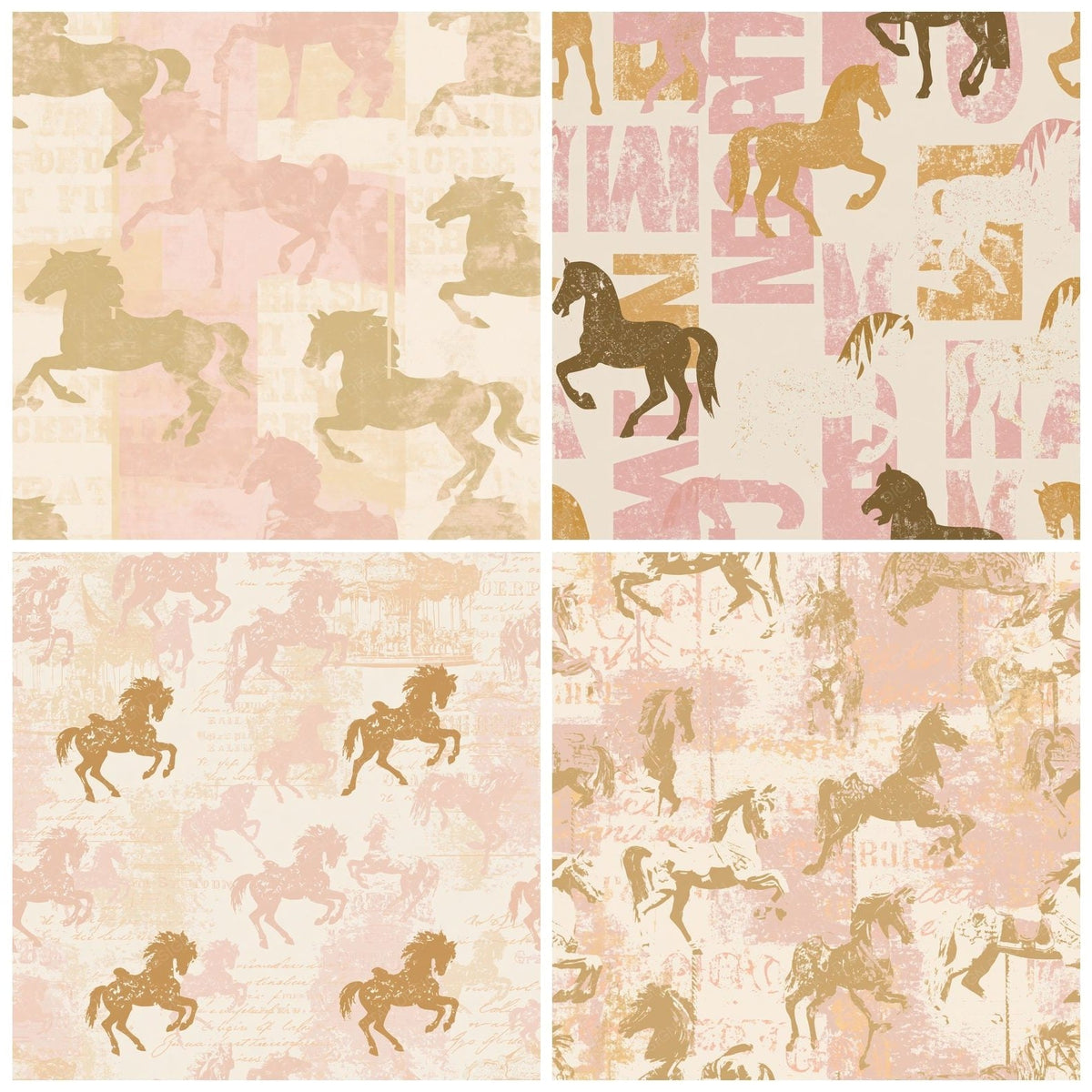 Four more Vintage Carousel Horse Carnival Cream Dusty Rose Gilt Gold digital papers from the pack shown in a grid
