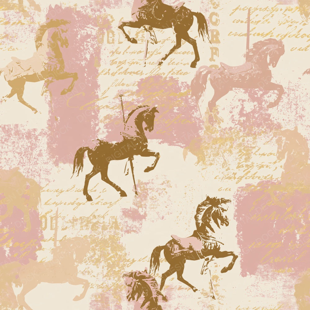 Single Vintage Carousel Horse Carnival Cream Dusty Rose Gilt Gold digital paper shown full size