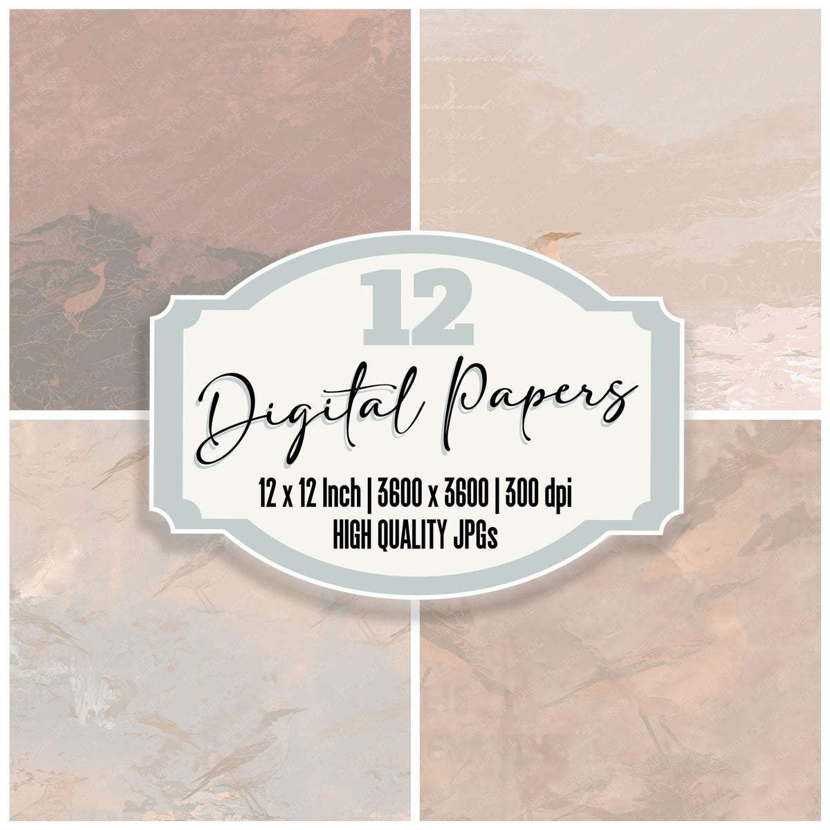 Wheatear Bird Upland Scree Peach Breast Grey Wing digital paper pack cover showing four of the 12 papers