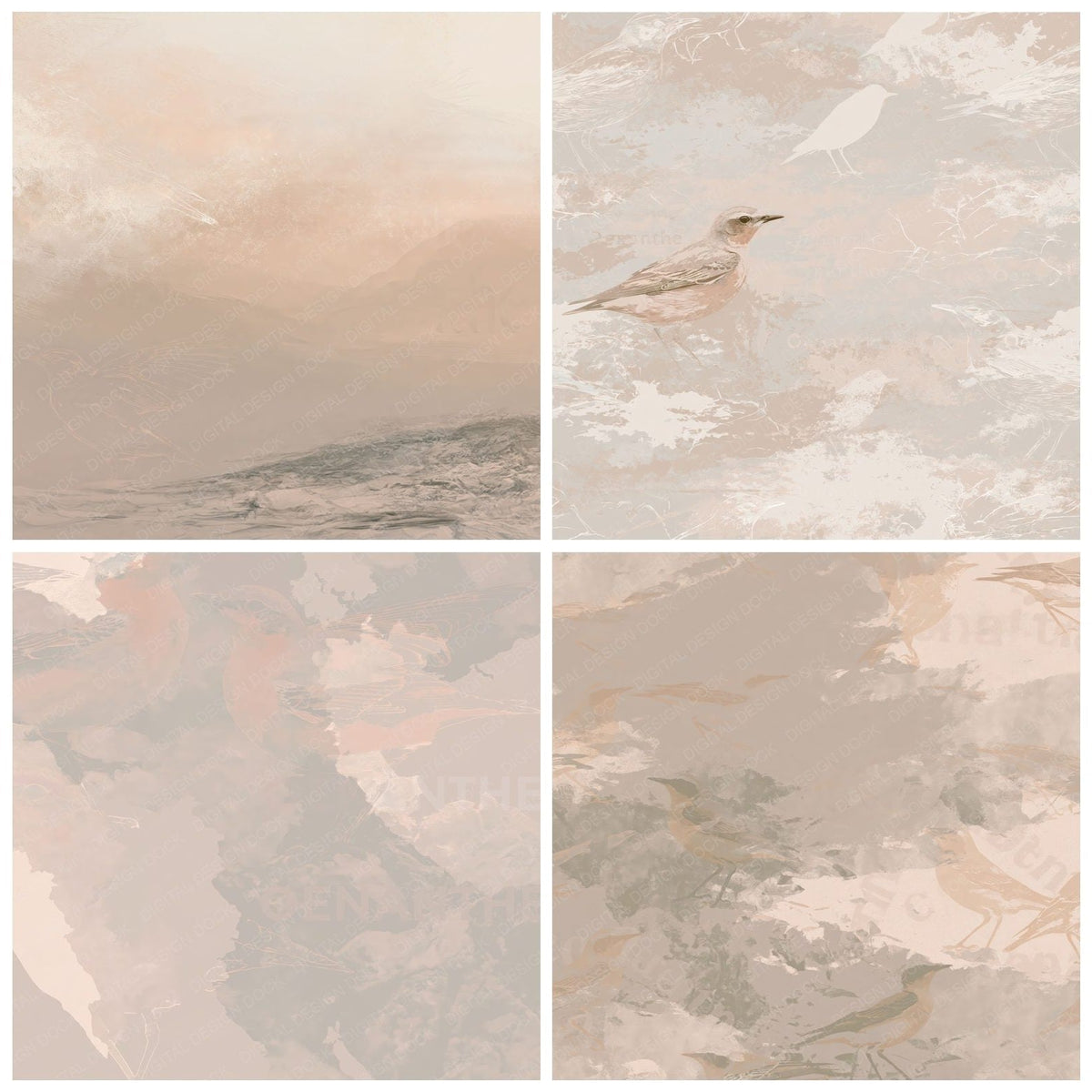 Four Wheatear Bird Upland Scree Peach Breast Grey Wing digital papers from the pack shown in a grid
