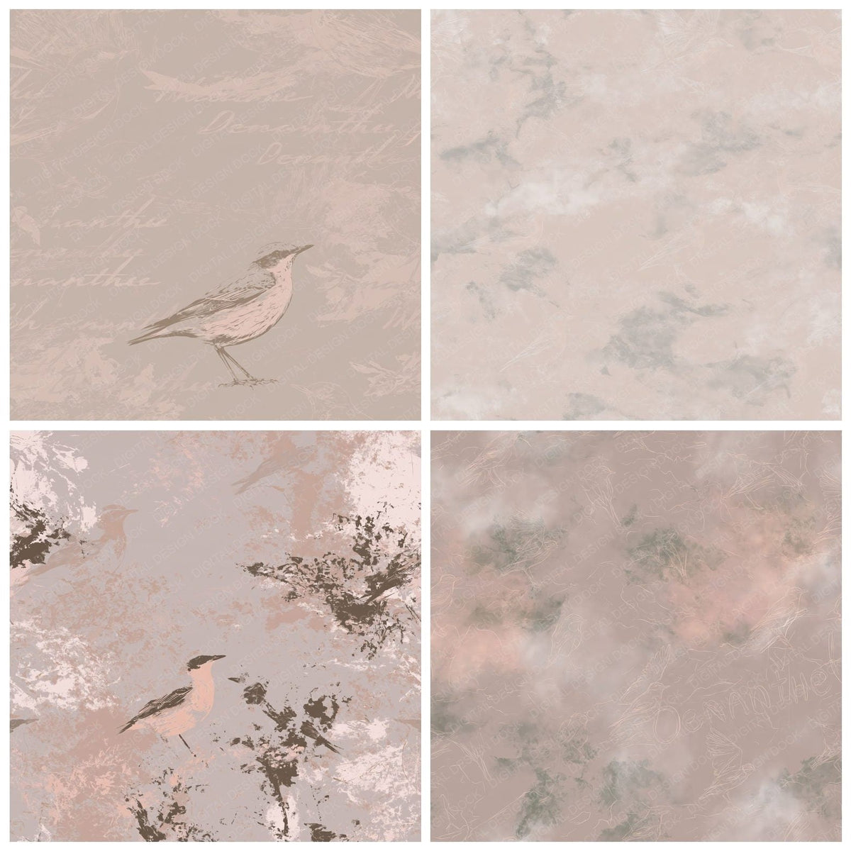 Four more Wheatear Bird Upland Scree Peach Breast Grey Wing digital papers from the pack shown in a grid