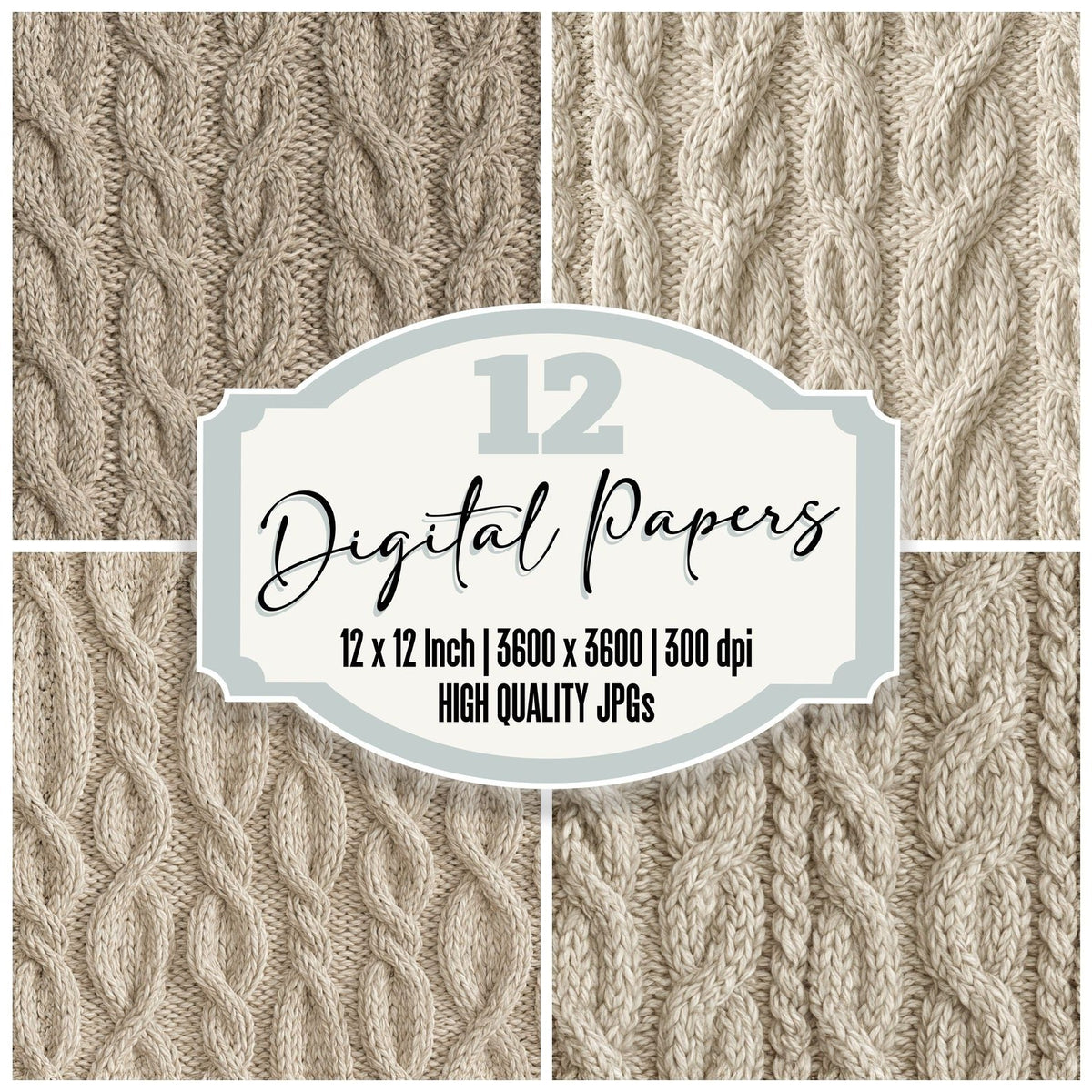 Aran Cable Knit Bainin Cream Aged Oatmeal Bone Seamless digital paper pack cover showing four of the 12 papers