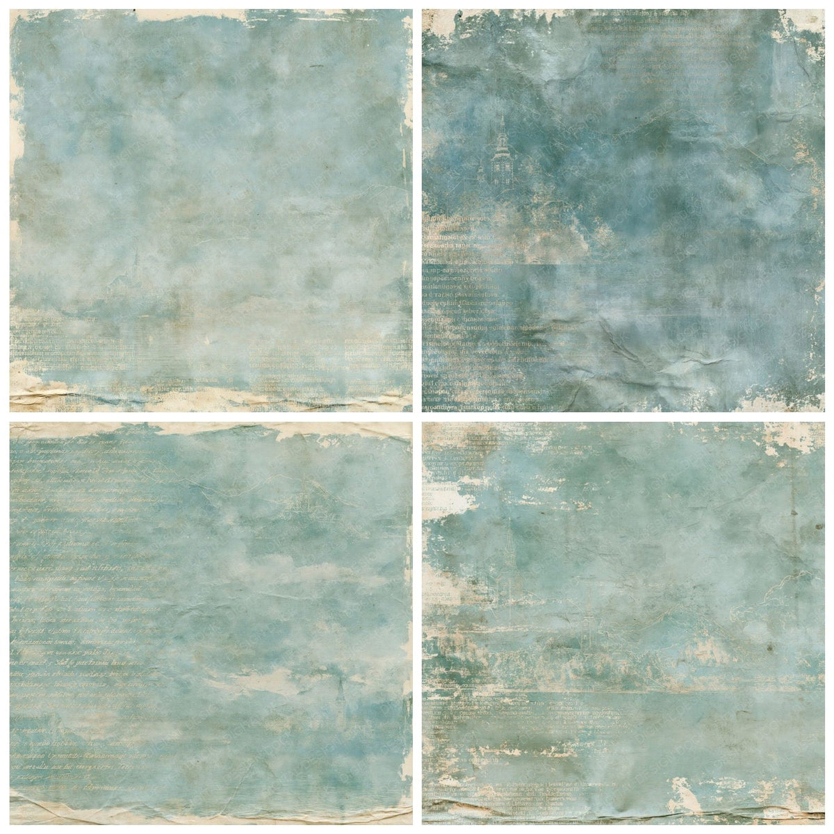 Four Bled Lake Slovenia Alpine Lake Teal Church Ochre Bone digital papers from the pack shown in a grid