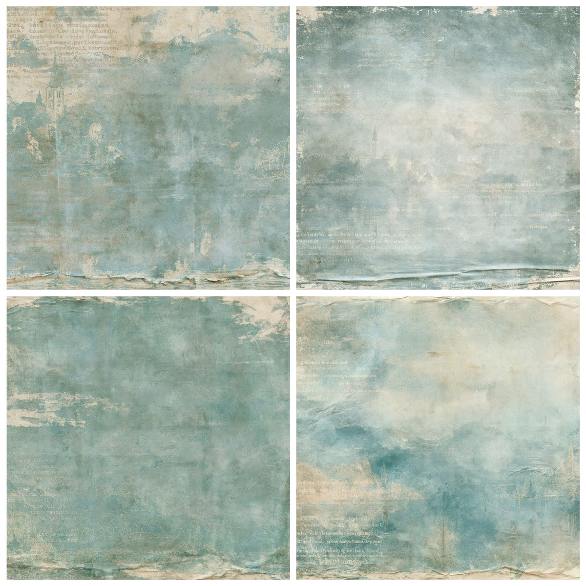 Four more Bled Lake Slovenia Alpine Lake Teal Church Ochre Bone digital papers from the pack shown in a grid