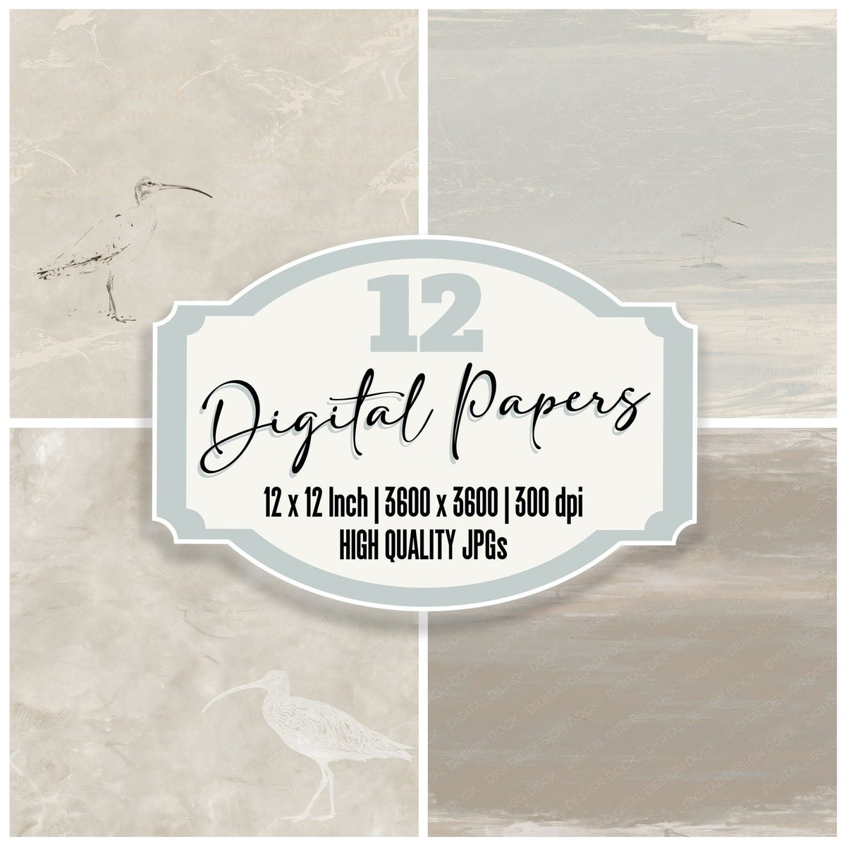 Curlew Wading Bird Estuary Grey Streaked Buff Bone digital paper pack cover showing four of the 12 papers