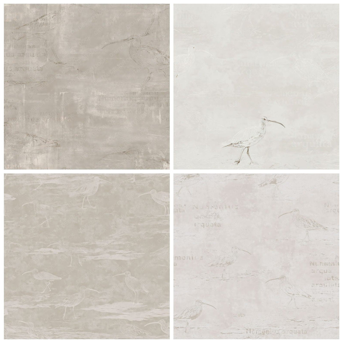 Four more Curlew Wading Bird Estuary Grey Streaked Buff Bone digital papers from the pack shown in a grid