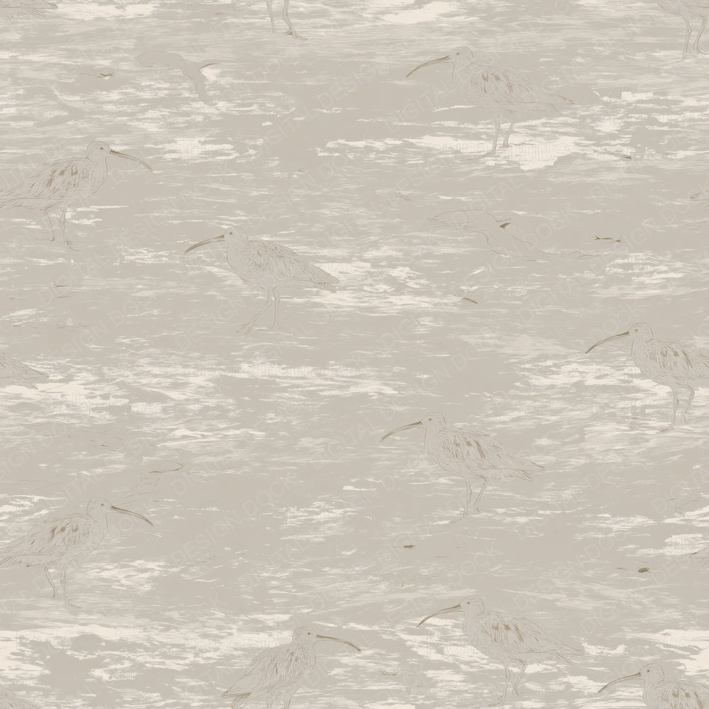 Single Curlew Wading Bird Estuary Grey Streaked Buff Bone digital paper shown full size