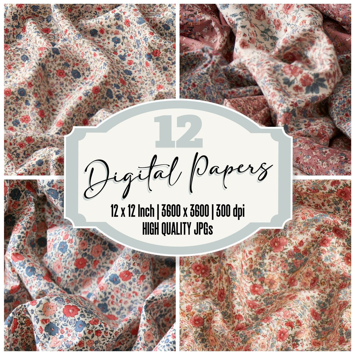 Liberty Lawn Small Floral Lawn Cream Dusty Rose Periwinkle Seamless digital paper pack cover showing four of the 12 papers