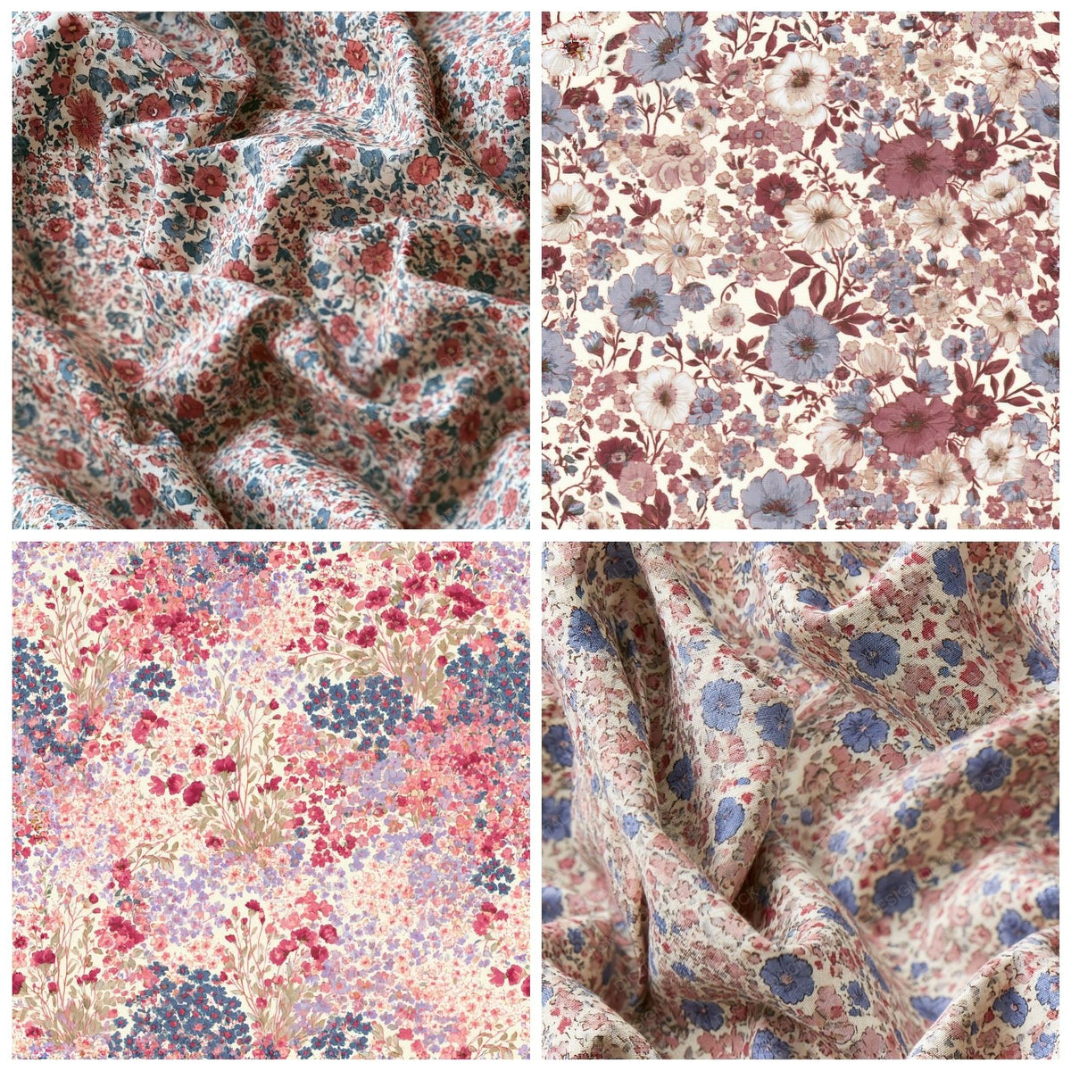 Four Liberty Lawn Small Floral Lawn Cream Dusty Rose Periwinkle Seamless digital papers from the pack shown in a grid