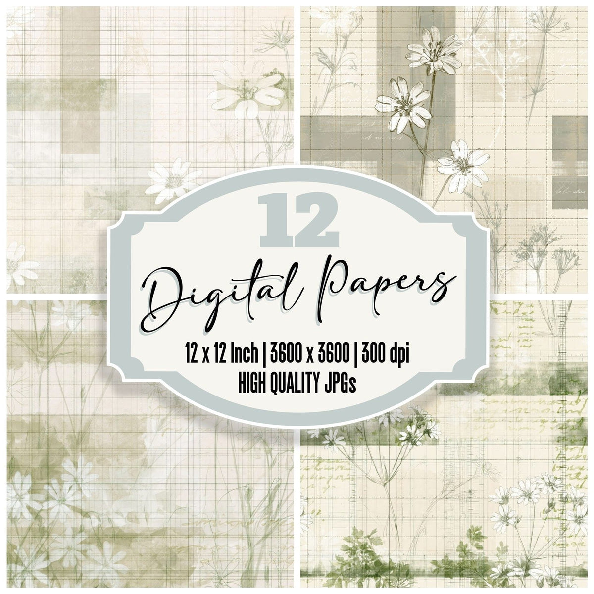 Pattern Studio Greater Stitchwort Bone Stitchwort White Hedge Green digital paper pack cover showing four of the 12 papers