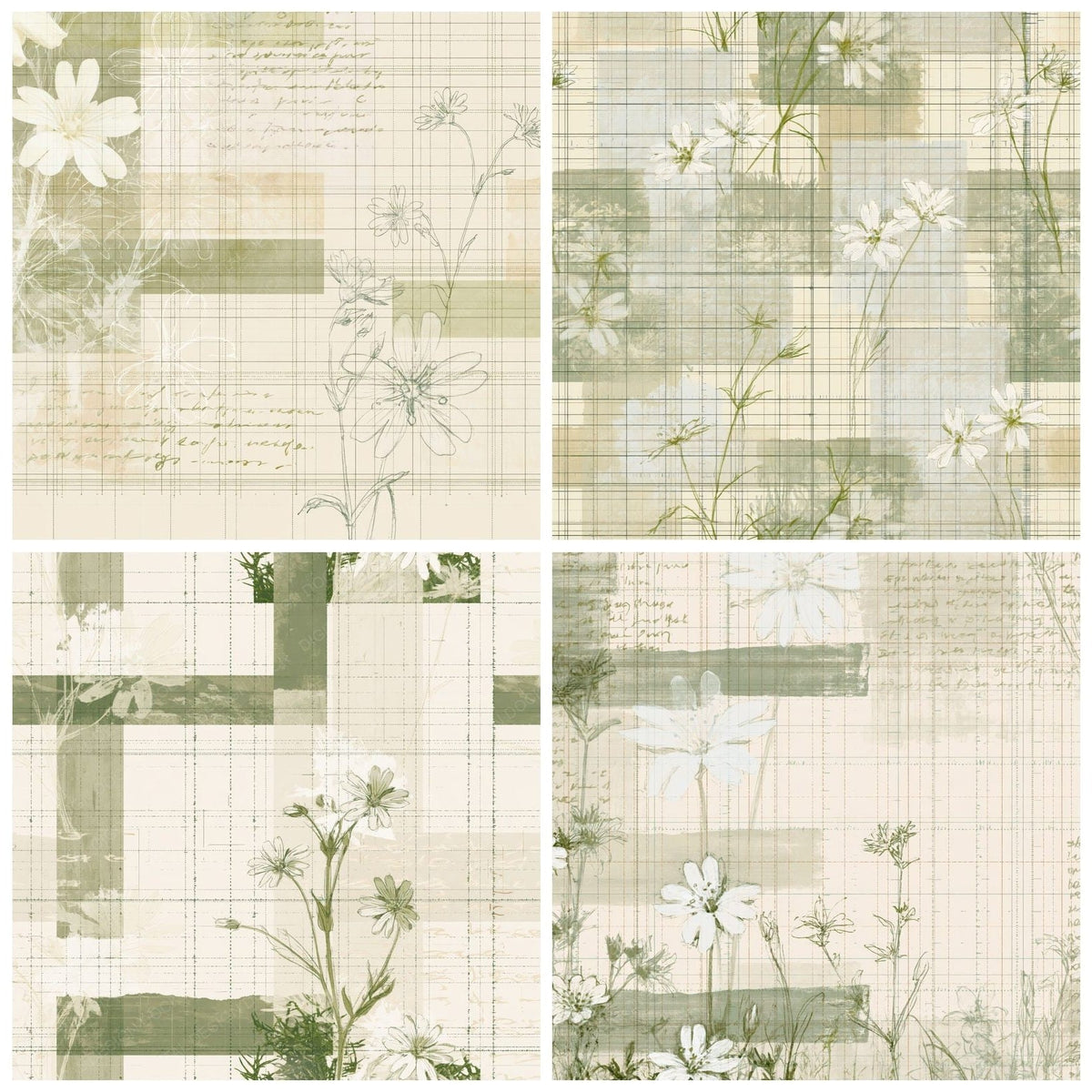 Four Pattern Studio Greater Stitchwort Bone Stitchwort White Hedge Green digital papers from the pack shown in a grid