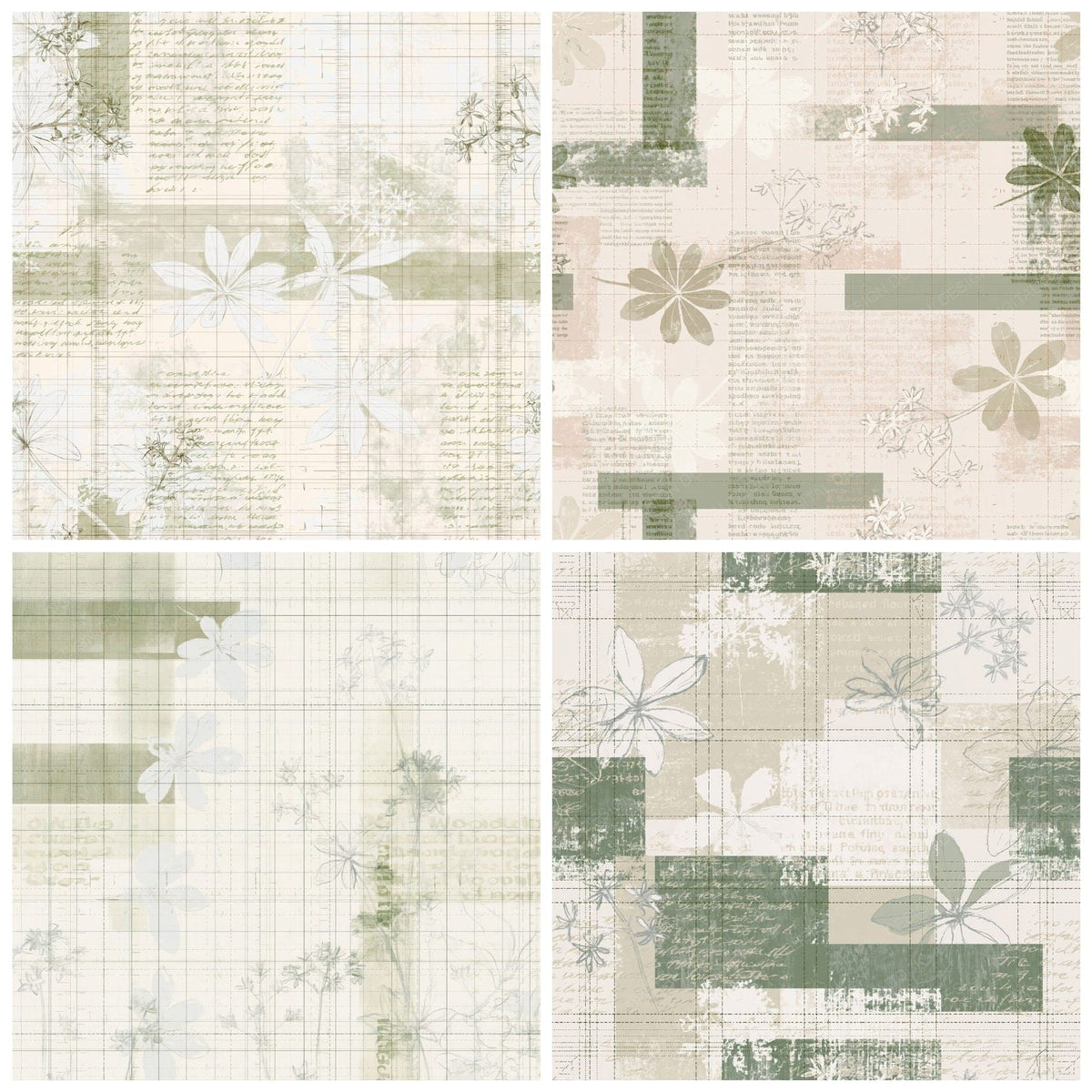 Four Pattern Studio Sweet Woodruff Ivory Woodruff White Beech Green digital papers from the pack shown in a grid