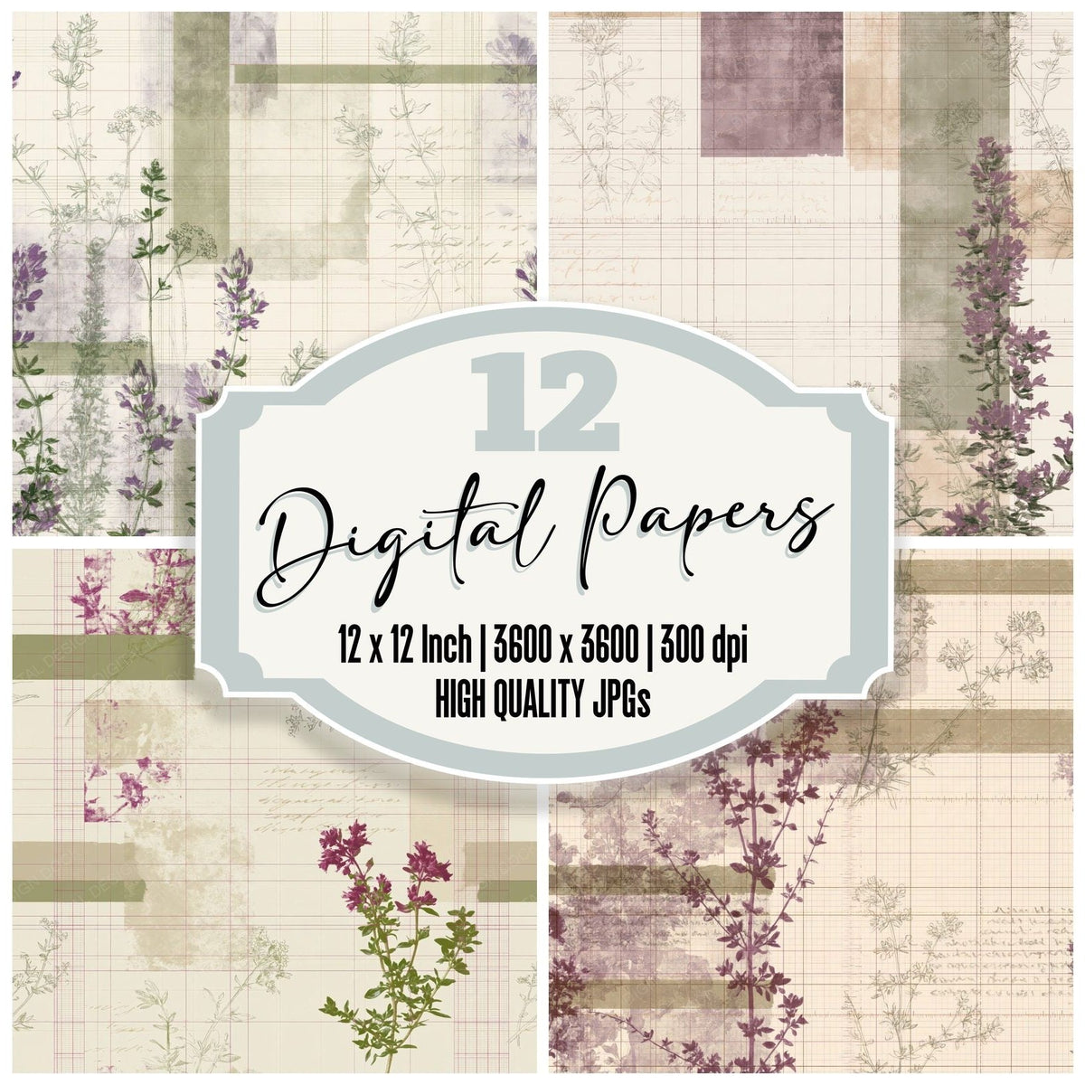 Pattern Studio Wild Thyme Cream Thyme Purple Downland Green digital paper pack cover showing four of the 12 papers
